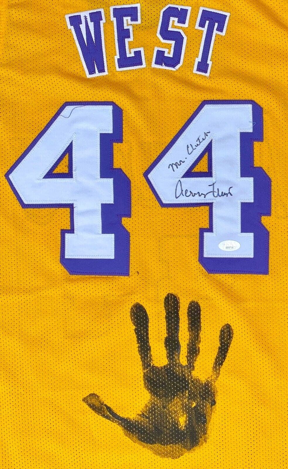 Jerry West Handprint Signed Autographed Yellow Jersey JSA BB00700 Mr. Clutch Jerry West Jersey handprint-yellow-bb00700-mr-clutch, Los Angeles Lakers, view 2, supplier stock photo