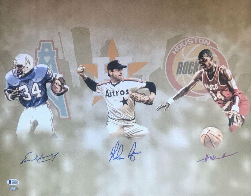 Hakeem Olajuwon Earl Campbell Nolan Ryan Signed 16×20 Beckett and NR Authentic Hakeem Olajuwon Photo 16x20-earl-campbell-nolan-ryan-16-20, Houston Rockets, supplier stock photo