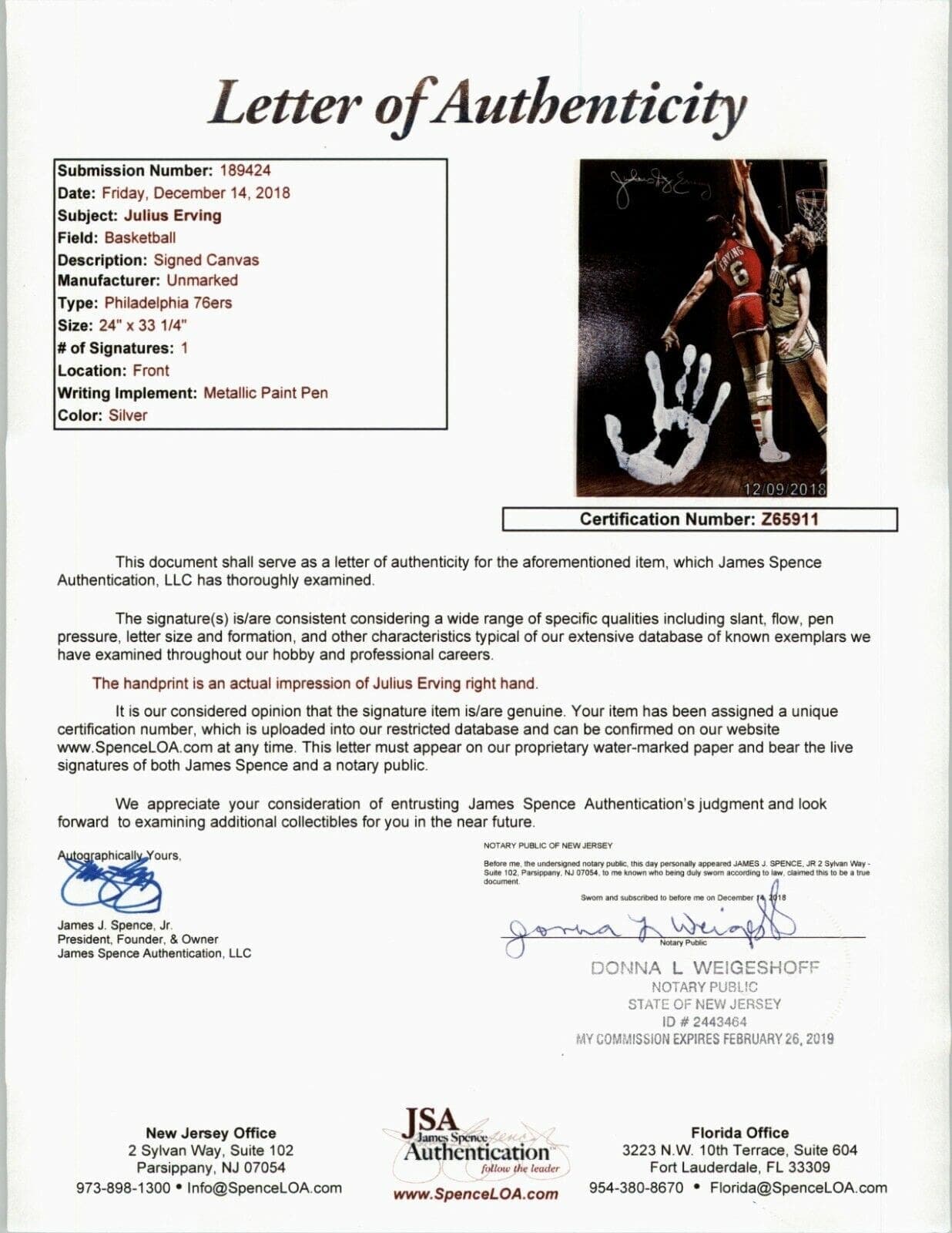 Julius Dr. J Erving Handprint Unstretched 20×36 Canvas Signed JSA Z65911 Julius Erving Canvas 20x36-dr-handprint-unstretched-20-36-z65911, Philadelphia 76ers, view 7, supplier stock photo