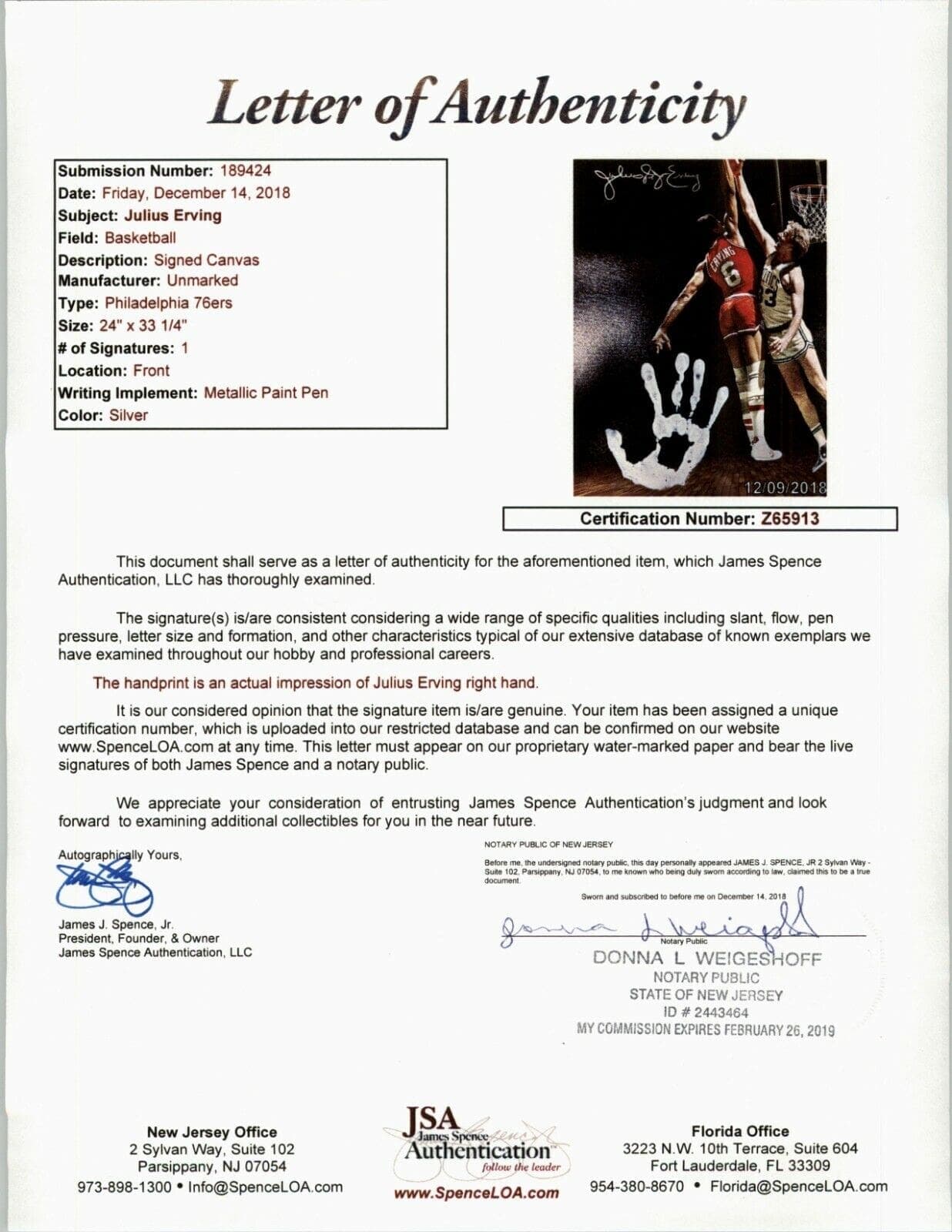 Julius Dr. J Erving Handprint Unstretched 20×36 Canvas Signed JSA Z65913 Julius Erving Canvas 20x36-dr-handprint-unstretched-20-36-z65913, Philadelphia 76ers, view 7, supplier stock photo