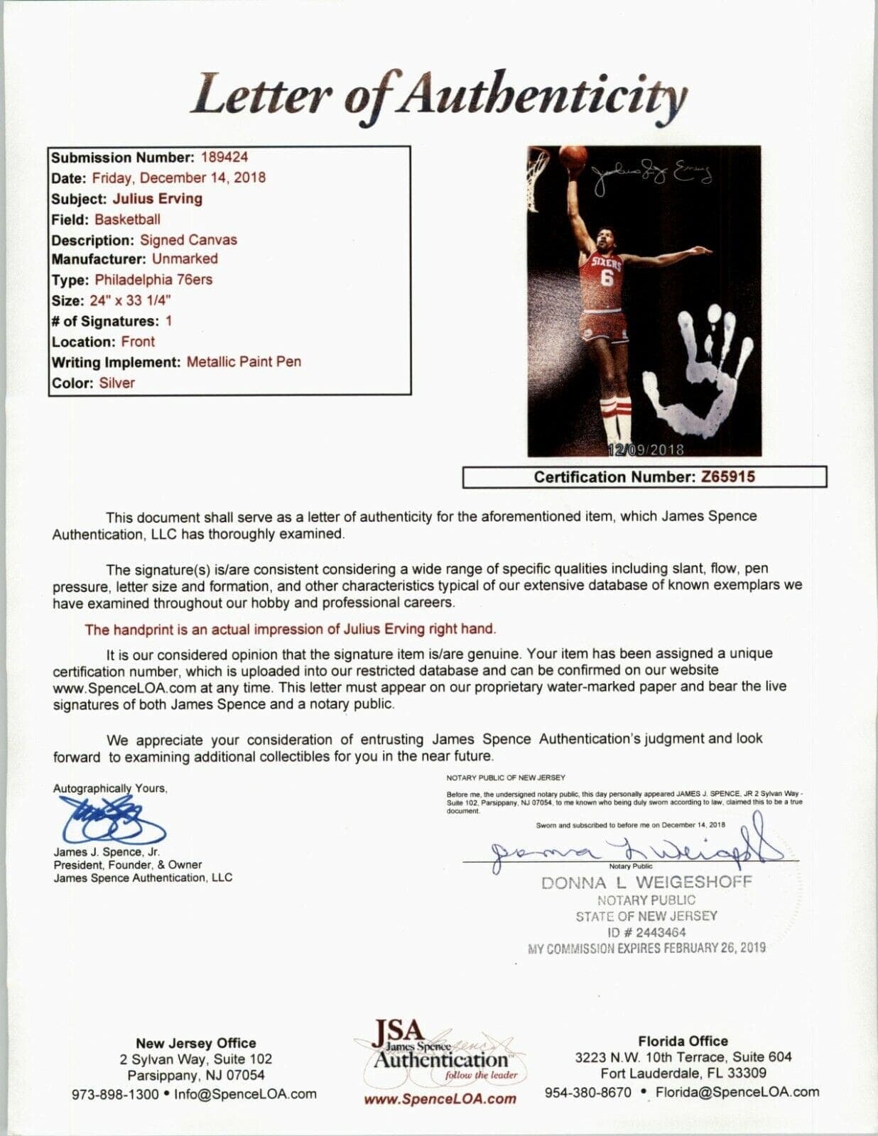 Julius Dr. J Erving Handprint Unstretched 20×36 Canvas Signed JSA Z65915 Julius Erving Canvas 20x36-dr-handprint-unstretched-20-36-z65915, Philadelphia 76ers, view 7, supplier stock photo