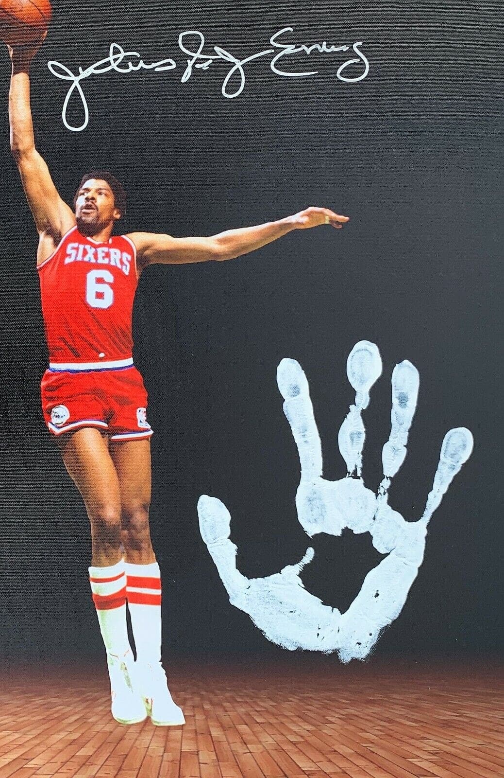 Julius Dr. J Erving Handprint Unstretched 20×36 Canvas Signed JSA Z65916 Julius Erving Canvas 20x36-dr-handprint-unstretched-20-36-z65916, Philadelphia 76ers, view 2, supplier stock photo