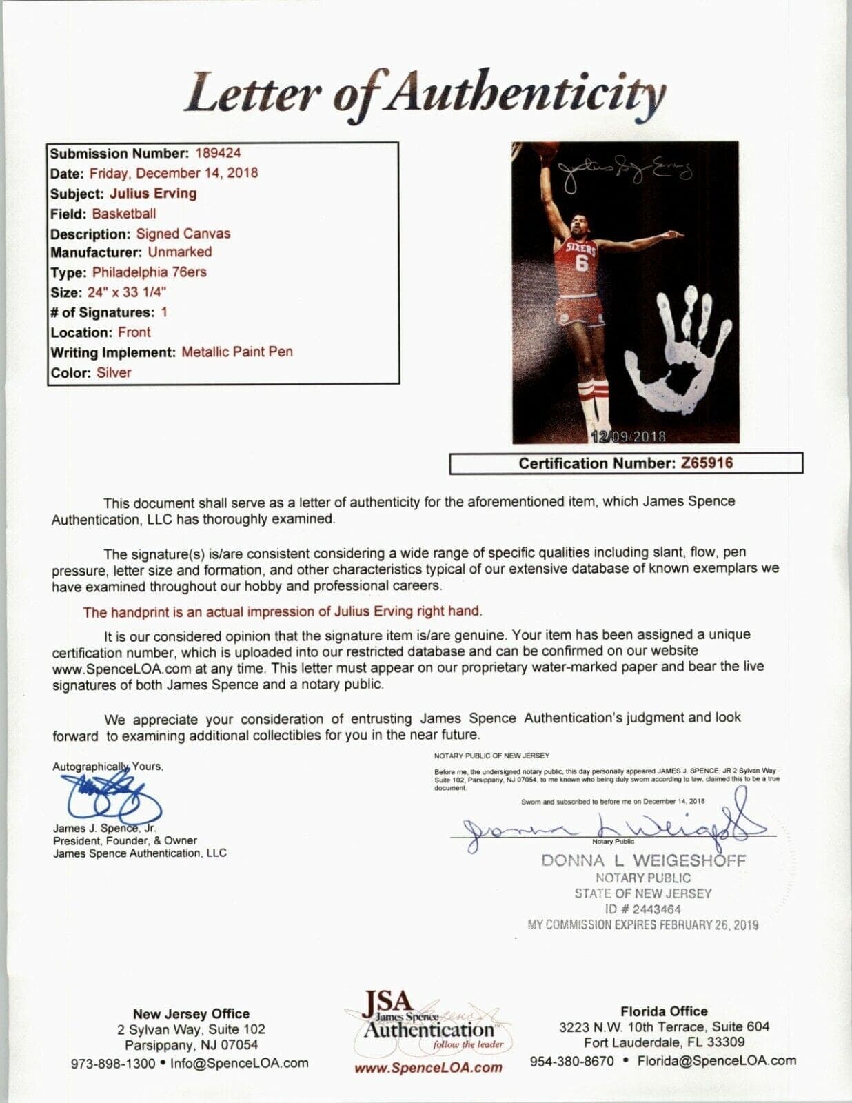 Julius Dr. J Erving Handprint Unstretched 20×36 Canvas Signed JSA Z65916 Julius Erving Canvas 20x36-dr-handprint-unstretched-20-36-z65916, Philadelphia 76ers, view 7, supplier stock photo