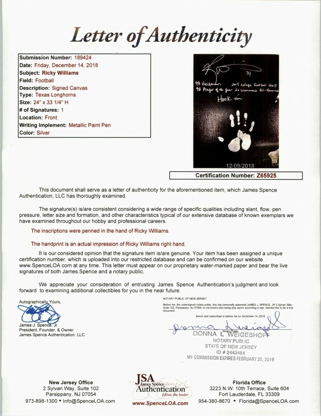 Ricky Williams Handprint Ustretched 20×36 Canvas Texas Signed JSA Z65925 Ricky Williams Canvas 20x36-handprint-ustretched-20-36-texas-z65925, view 8, supplier stock photo