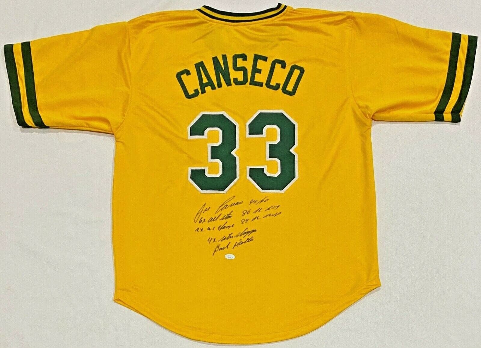 Jose Canseco Signed Autographed Yellow Jersey JSA Authenticated 7 Inscriptions Jose Canseco Jersey jose-canseco-yellow-7-inscriptions, supplier stock photo
