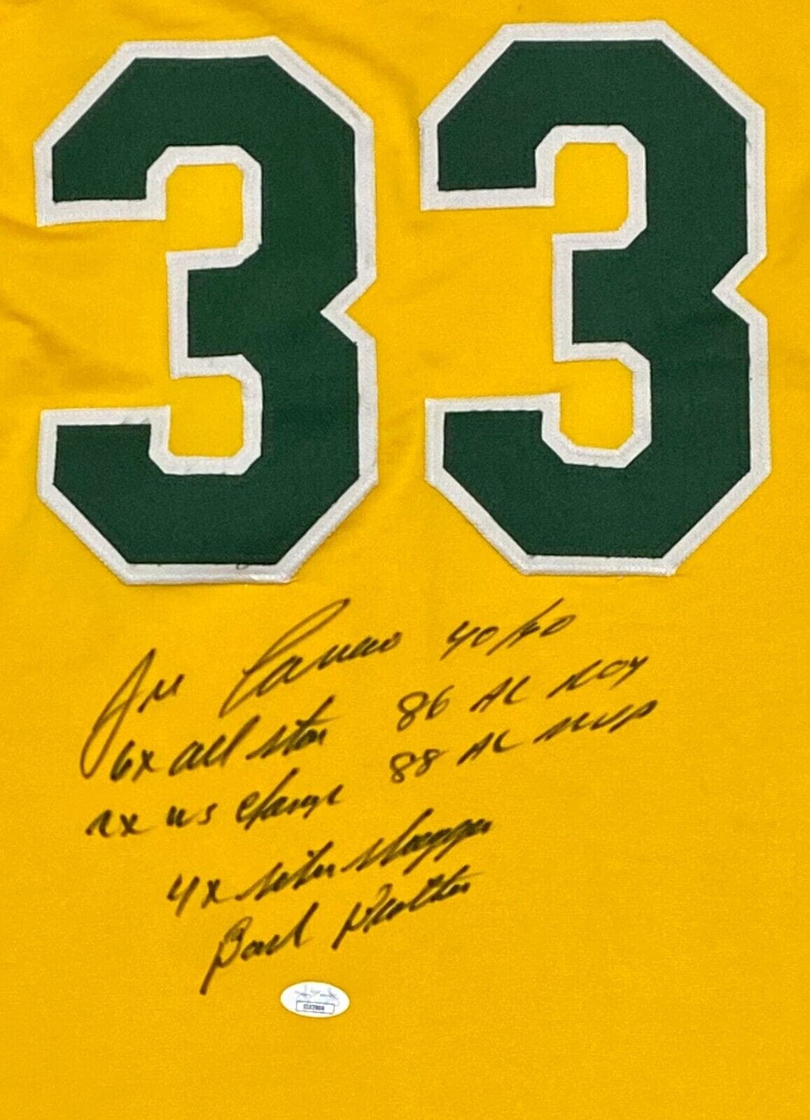 Jose Canseco Signed Autographed Yellow Jersey JSA Authenticated 7 Inscriptions Jose Canseco Jersey jose-canseco-yellow-7-inscriptions, view 2, supplier stock photo