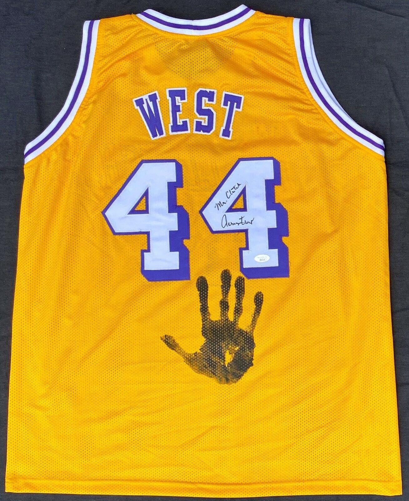 Jerry West Handprint Signed Autographed Yellow Jersey JSA BB00704 Mr. Clutch Jerry West Jersey handprint-yellow-bb00704-mr-clutch, Los Angeles Lakers, supplier stock photo