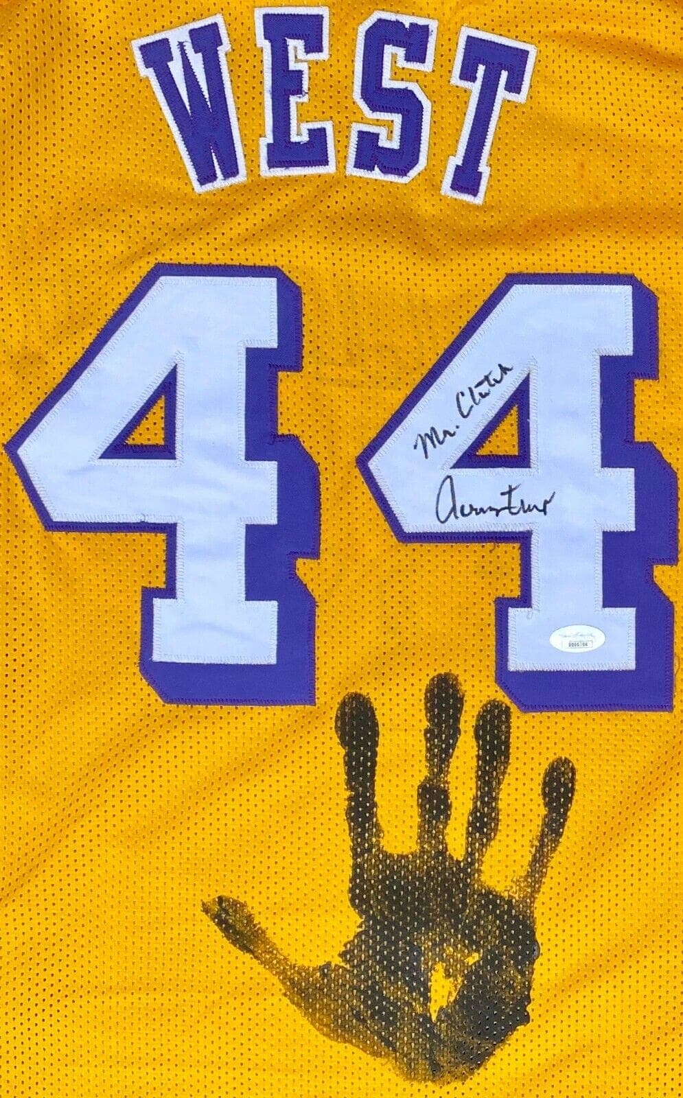 Jerry West Handprint Signed Autographed Yellow Jersey JSA BB00704 Mr. Clutch Jerry West Jersey handprint-yellow-bb00704-mr-clutch, Los Angeles Lakers, view 2, supplier stock photo