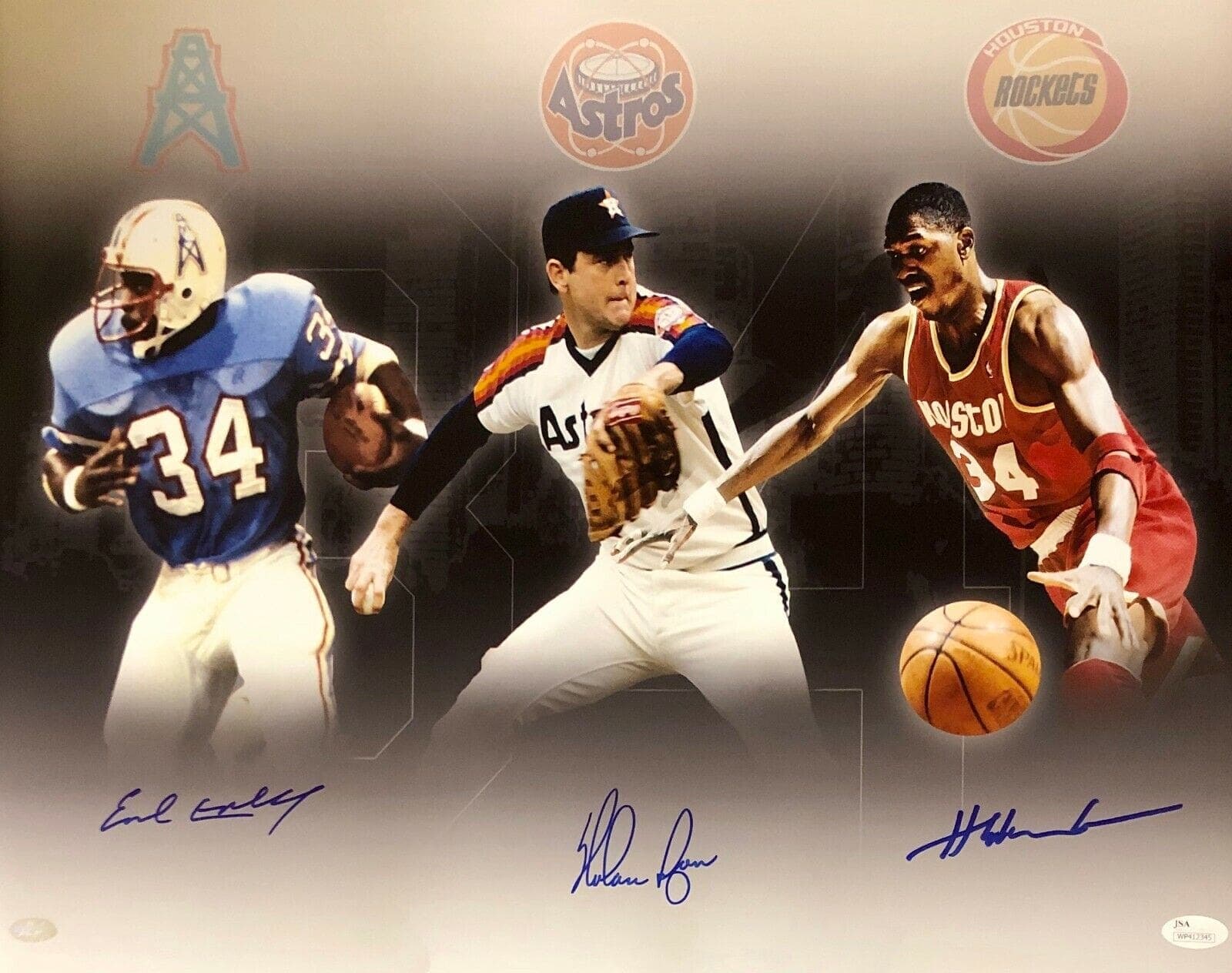 Hakeem Olajuwon Earl Campbell Nolan Ryan Signed 16×20 JSA and NR Authentic Hakeem Olajuwon Photo 16x20-earl-campbell-nolan-ryan-16-20, Houston Rockets, supplier stock photo