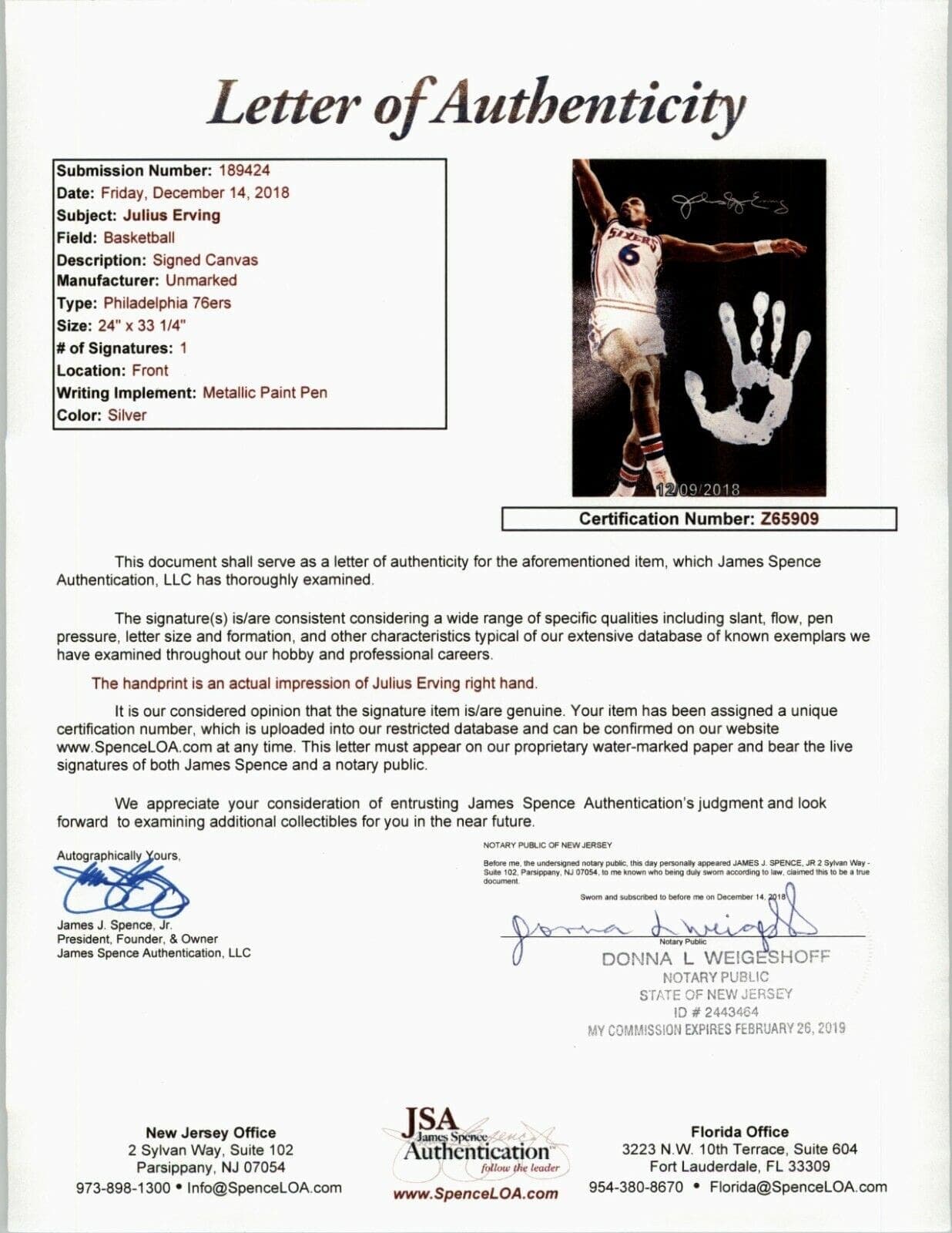 Julius Dr. J Erving Handprint Unstretched 20×36 Canvas Signed JSA Z65909 Julius Erving Canvas 20x36-z65909, Philadelphia 76ers, view 7, supplier stock photo
