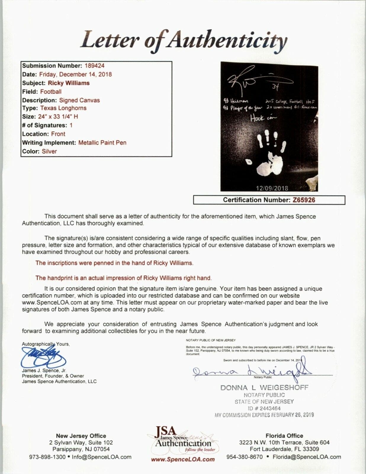 Ricky Williams Handprint Ustretched 20×36 Canvas Texas Signed JSA Z65926 Ricky Williams Canvas 20x36-z65926, view 5, supplier stock photo
