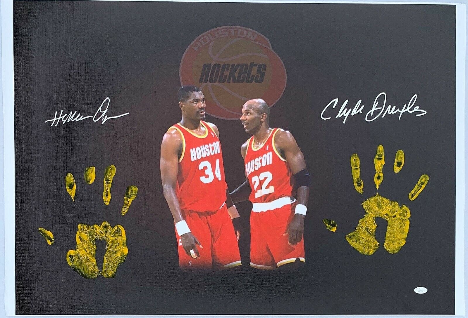 Hakeem Olajuwon Clyde Drexler Handprint Unstretched 20×36 Canvas Signed Z77338 Hakeem Olajuwon Canvas 20x36-hakeem-olajuwon-clyde-drexler-handprint, Houston Rockets, supplier stock photo