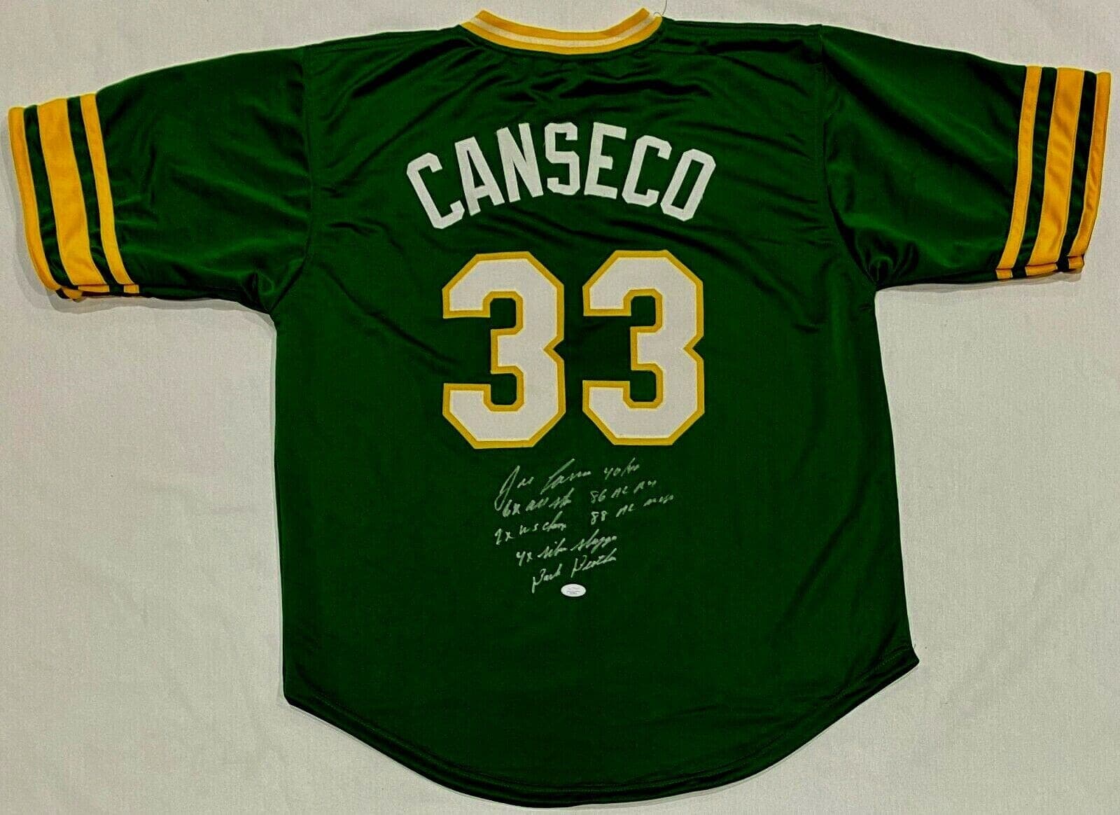 Jose Canseco Signed Autographed Green Jersey FSG Authenticated 7 Inscriptions Jersey jose-canseco-green-fsg-7-inscriptions, supplier stock photo