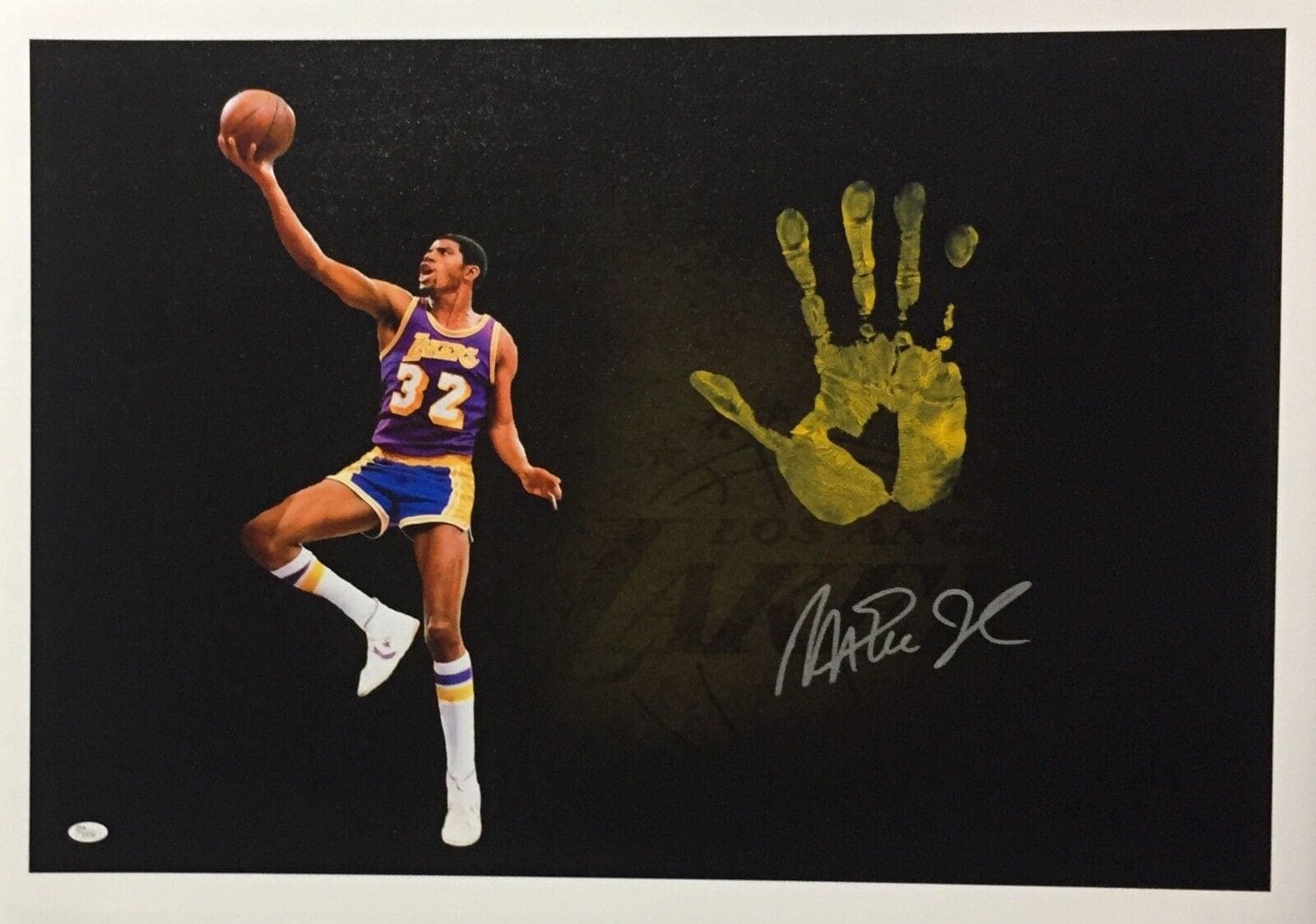 Magic Johnson Handprint Unstretched 20×36 Canvas Layup Purple Signed JSA Z05786 Magic Johnson Canvas 20x36-handprint-unstretched-20-36-layup-purple, Los Angeles Lakers, supplier stock photo