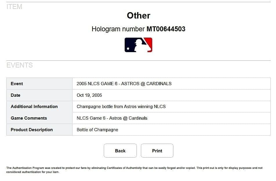 Houston Astros 2005 Winning NLCS GAME 6 Champagne Bottle MLB Authenti MT00644503 Ball 2005-winning-nlcs-game-6-champagne, Houston Astros, view 3, supplier stock photo