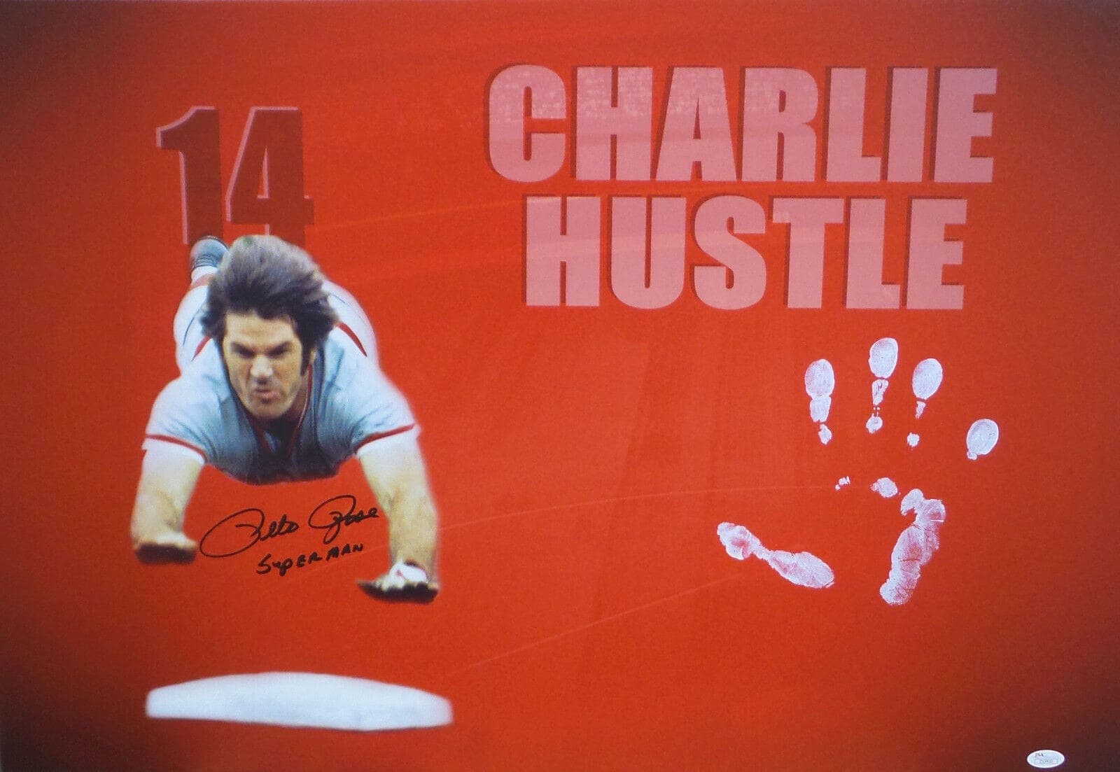 Pete Rose Hand Print Unstretched Canvas – Head First Slide Signed JSA Authentic Pete Rose Canvas unstretched-head-first-slide, Cincinnati Reds, supplier stock photo
