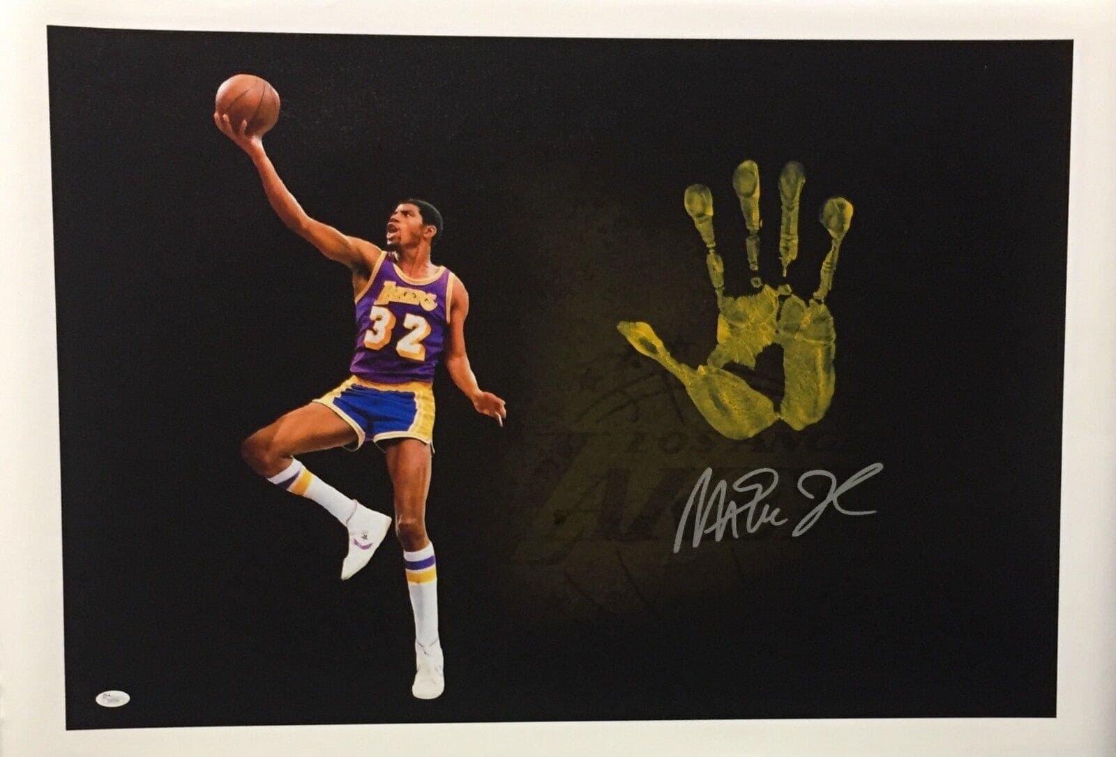 Magic Johnson Handprint Unstretched 20×36 Canvas Layup Purple Signed JSA Z05784 Magic Johnson Canvas 20x36-handprint-unstretched-20-36-layup-purple, Los Angeles Lakers, supplier stock photo