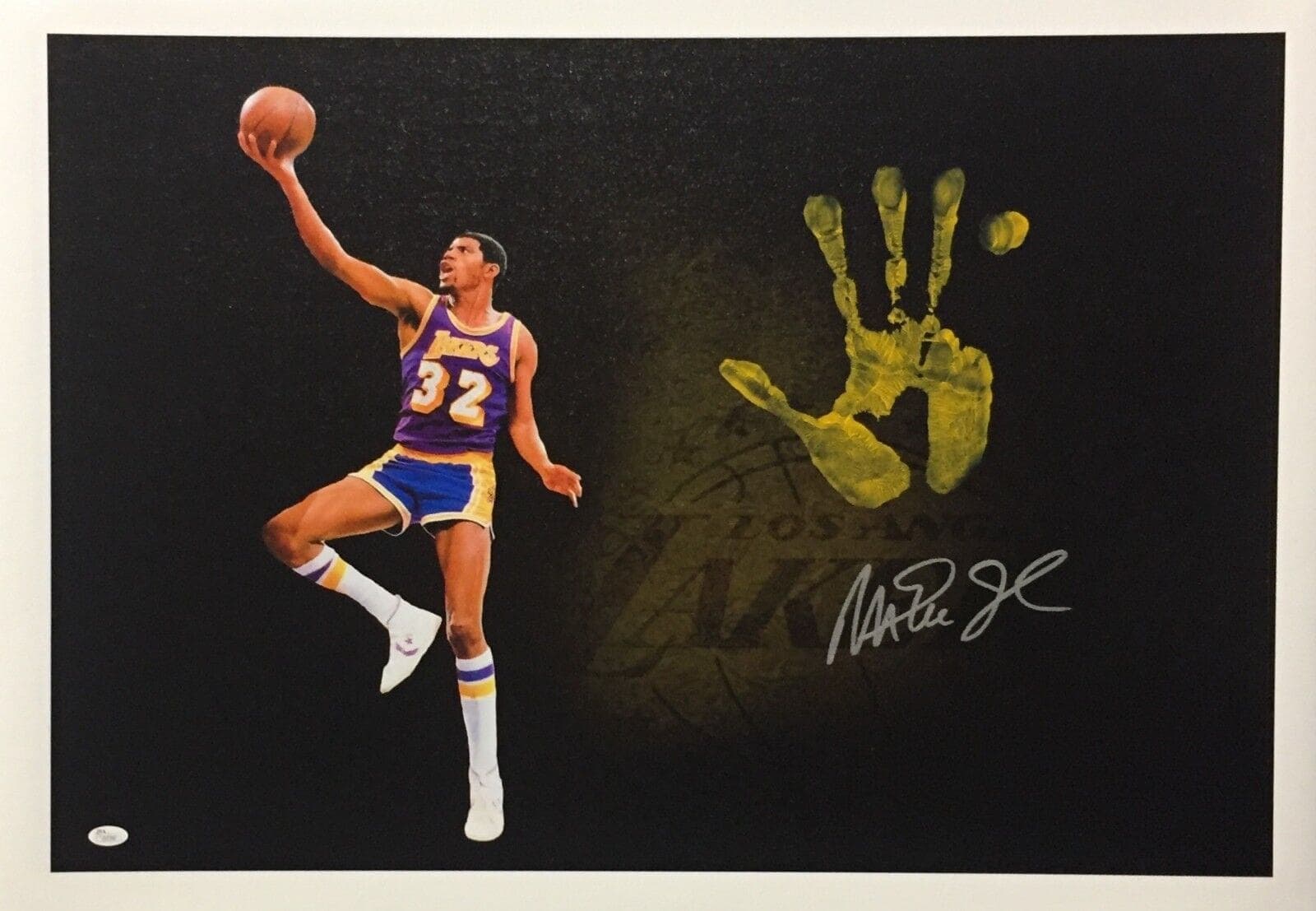 Magic Johnson Handprint Unstretched 20×36 Canvas Layup Purple Signed JSA Z05788 Magic Johnson Canvas 20x36-handprint-unstretched-20-36-layup-purple, Los Angeles Lakers, supplier stock photo