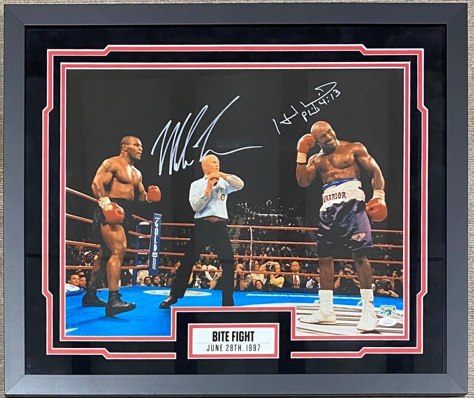 MIKE TYSON EVANDER HOLYFIELD Signed Autographed Framed 16×20 Photo JSA Authen Evander Holyfield Photo 16x20-mike-tyson-evander-holyfield-framed-16, supplier stock photo