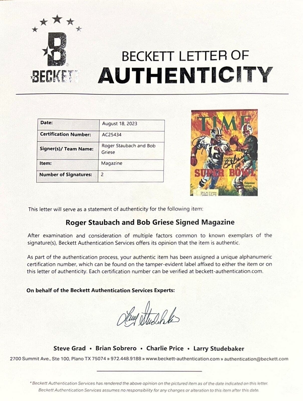 Roger Staubach & Bob Griese Signed Autographed Time Magazine Beckett Full Letter Roger Staubach Other roger-staubach-bob-griese-time-magazine, view 2, supplier stock photo