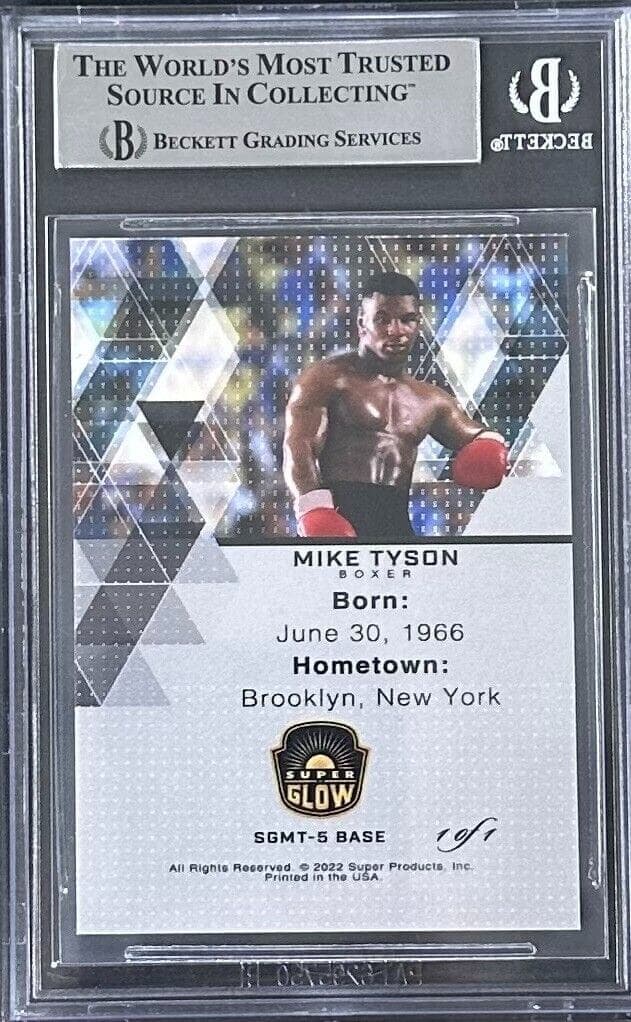 Mike Tyson Signed 2022 Super Glow 1st Ever Purple Ice Card 1 of 1 Beckett Mike Tyson Card 2022-super-glow-1st-ever-purple, view 2, supplier stock photo