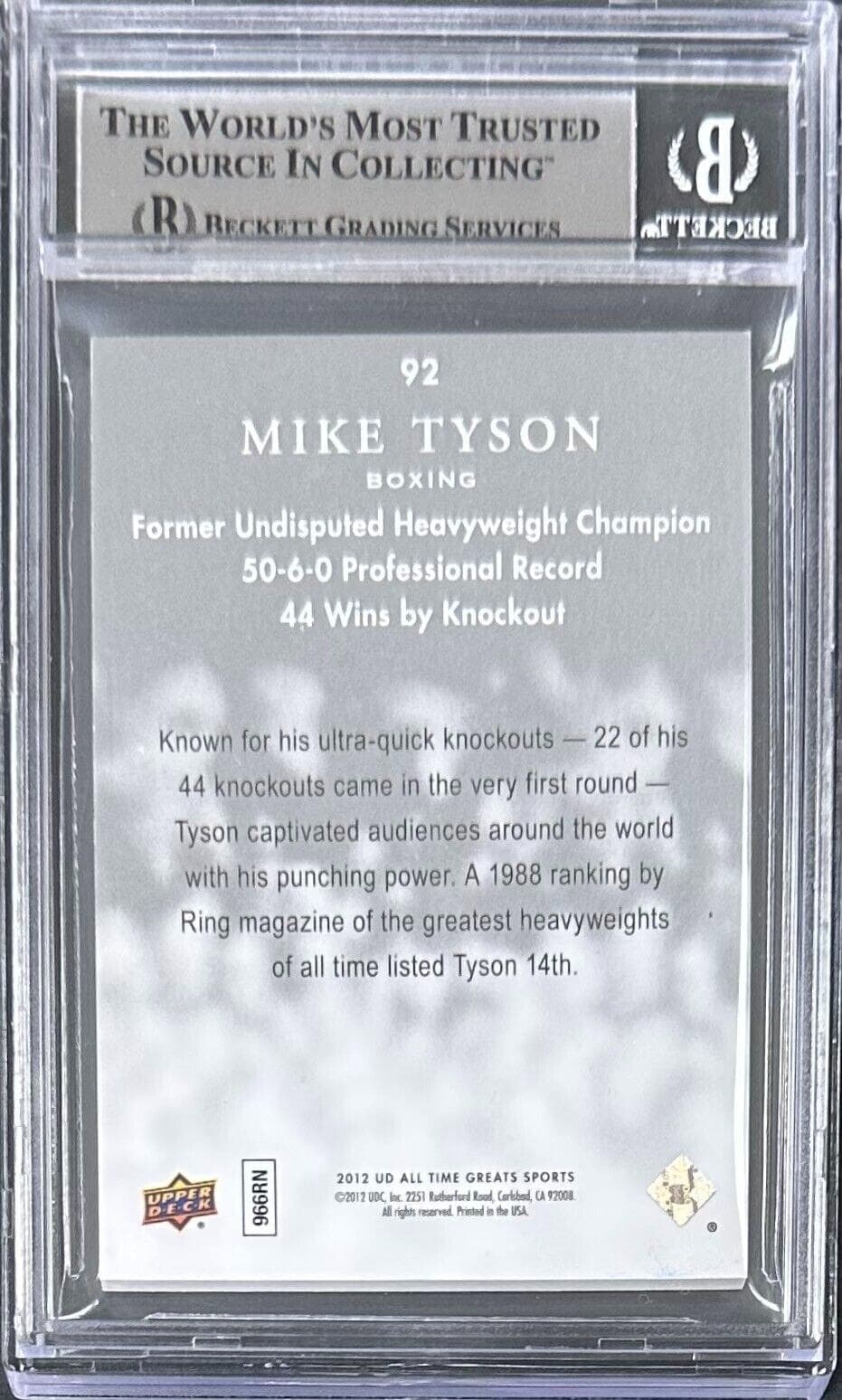 Mike Tyson Signed 2012 Upper Deck All Time Greats Silver Card #92 Beckett 15/35 Mike Tyson Card 2012-upper-deck-all-time-greats, view 2, supplier stock photo