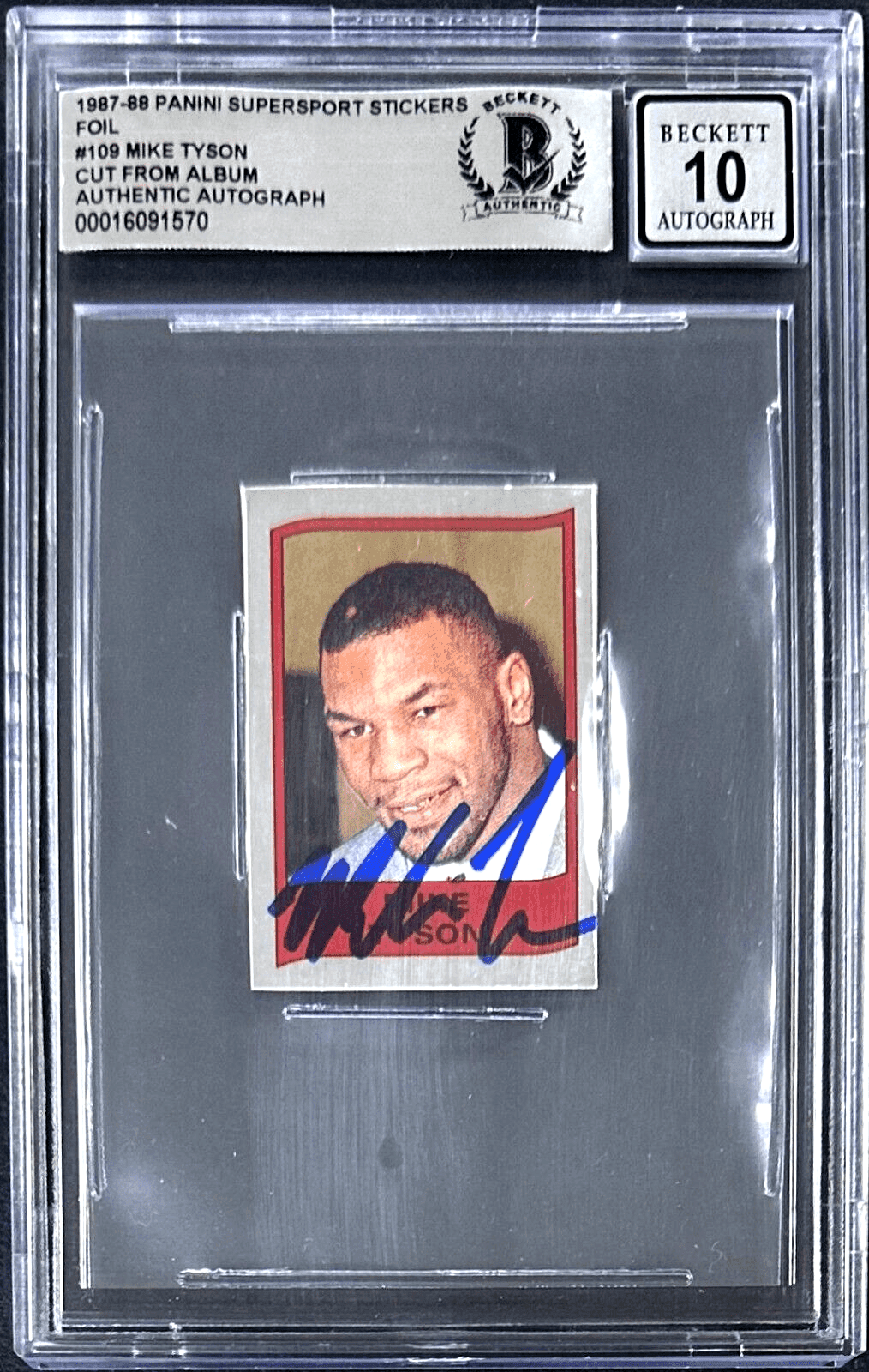 Mike Tyson Signed 1987-88 Panini Supersport Stickers Foil #109 Beckett 16091570 Mike Tyson Ticket Stub 1987-88-panini-supersport-stickers-foil, supplier stock photo