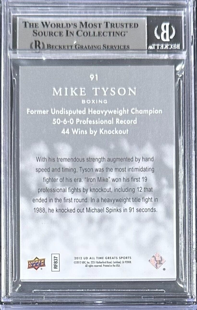 Mike Tyson Signed 2012 Upper Deck All Time Greats Silver Card #91 Beckett 09/35 Mike Tyson Card 2012-upper-deck-all-time-greats, view 2, supplier stock photo