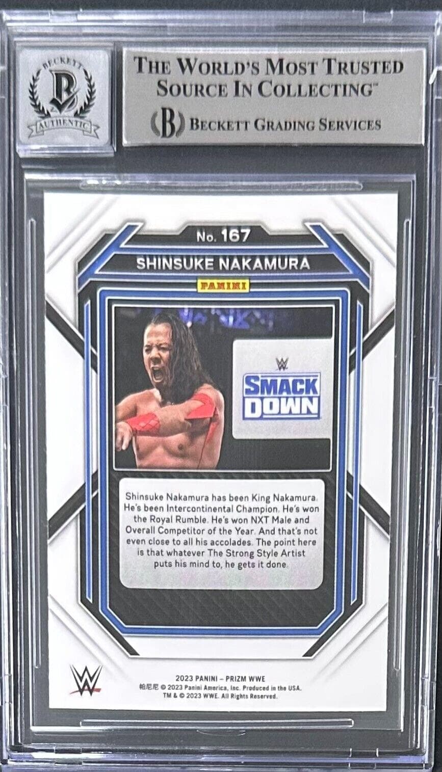 Shinsuke Nakamura Signed 2023 Panini Prizm WWE Card #167 Beckett 16182611 Card shinsuke-nakamura-2023-panini-prizm-wwe, view 2, supplier stock photo