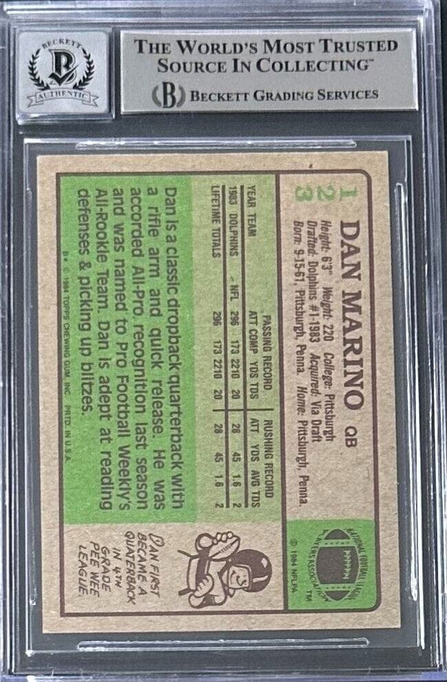 Dan Marino Signed Autographed 1984 Topps Card #123 Beckett 16091303 Auto 10 Dan Marino Card 16091303, Miami Dolphins, view 2, supplier stock photo