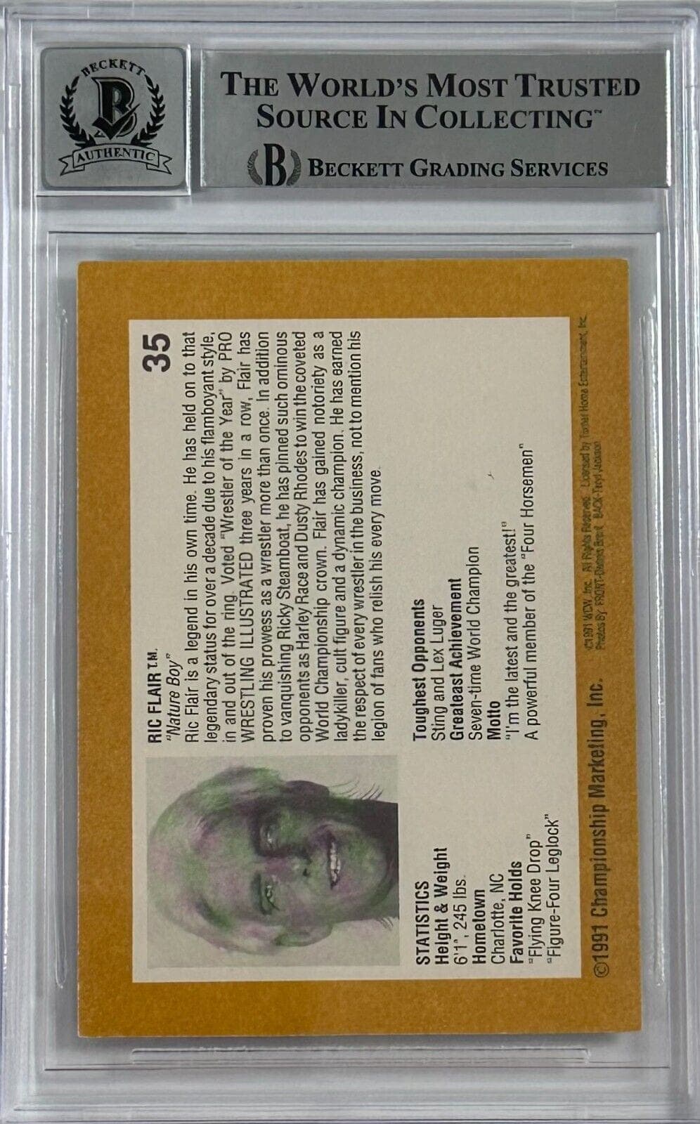 Ric Flair Signed 1991 Championship Marketing WCW #35 Beckett Auto 10 15989263 Ric Flair Card 1991-championship-marketing-wcw-35-auto, view 2, supplier stock photo