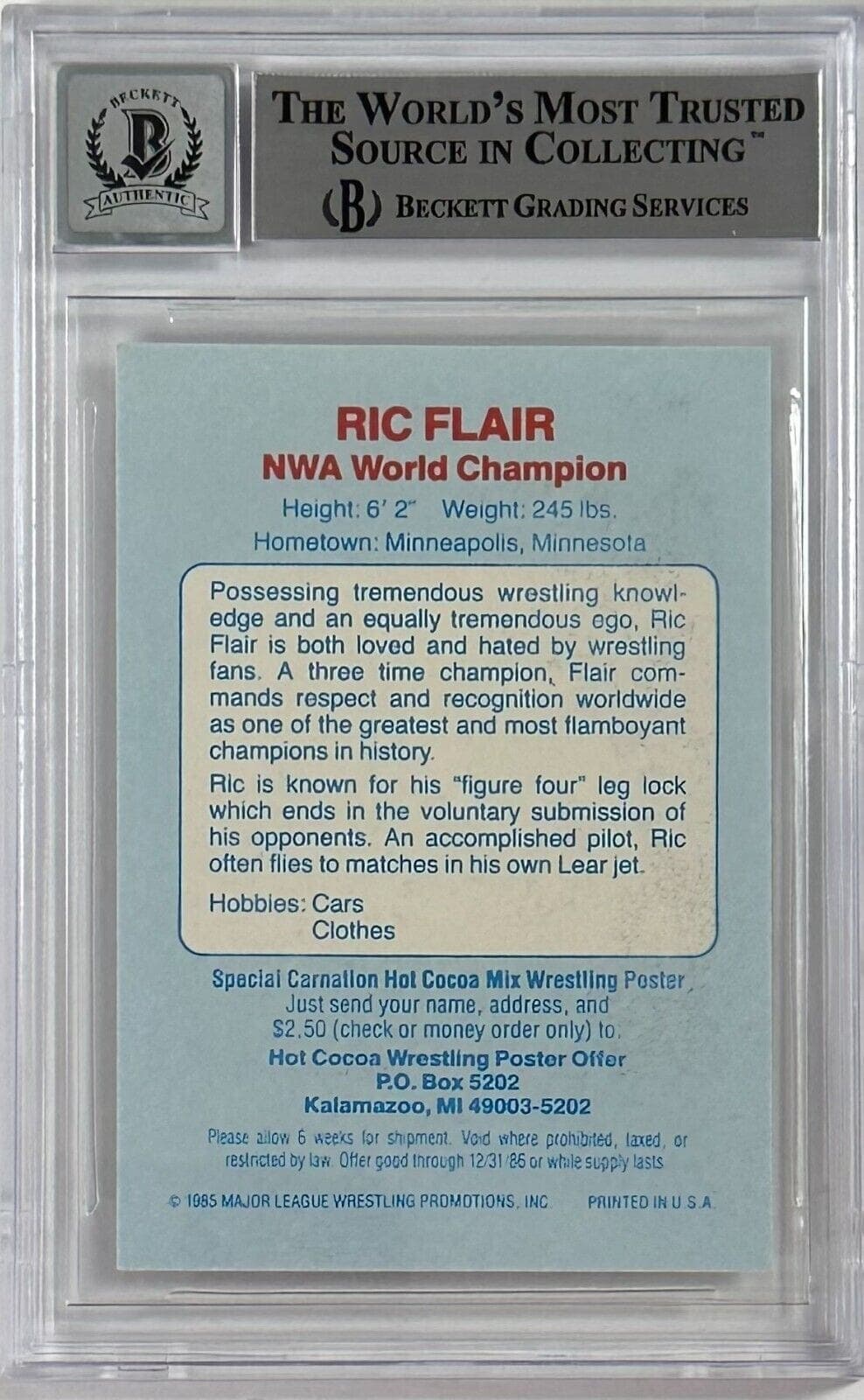 Ric Flair Signed 1986 Carnation ML Wrestling Card Beckett Auto 10 14057956 Ric Flair Card 14057956, view 2, supplier stock photo