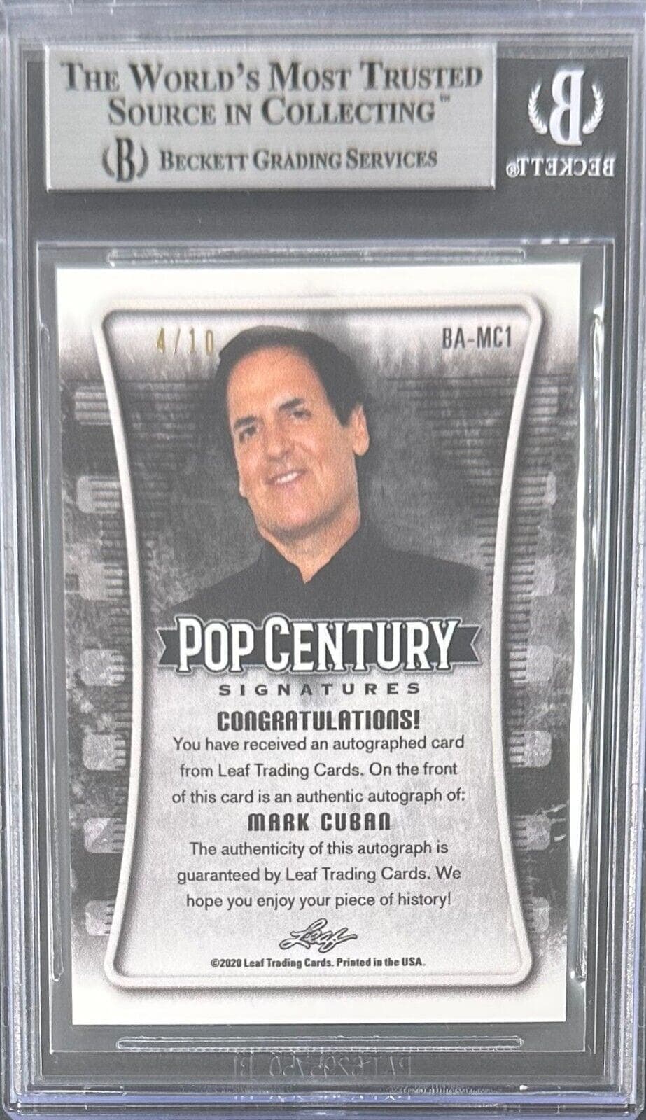 Mark Cuban 2020 LEAF Pop Century Metal Black Card #BAMC1 Beckett 14059491 Mark Cuban Card mark-cuban-2020-leaf-pop-century, view 2, supplier stock photo