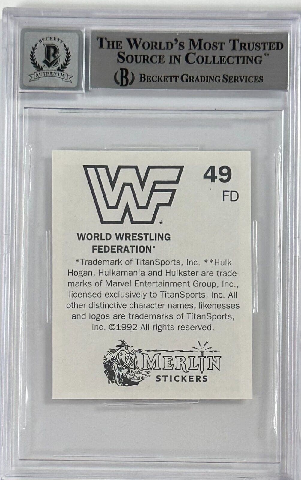 Ric Flair Signed 1992 Merlin WWF Sticker Card #49 Beckett Auto 10 14058471 Ric Flair Card 1992-merlin-wwf-sticker-49-auto, view 2, supplier stock photo
