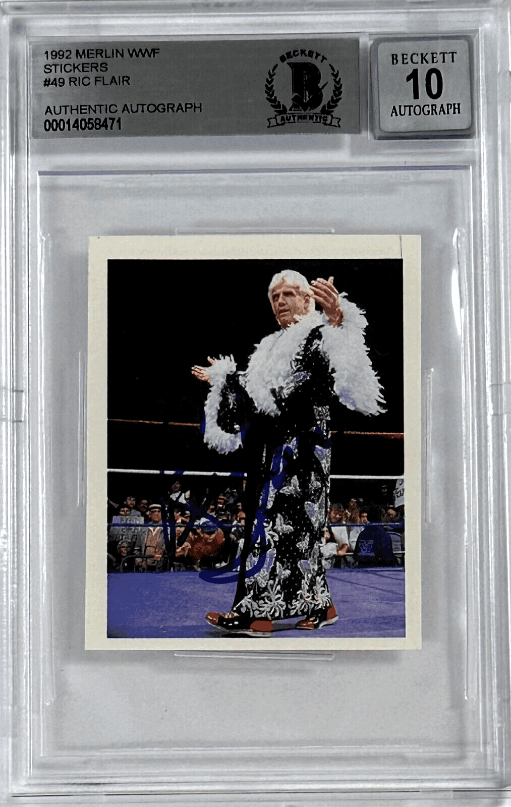 Ric Flair Signed 1992 Merlin WWF Sticker Card #49 Beckett Auto 10 14058471 Ric Flair Card 1992-merlin-wwf-sticker-49-auto, supplier stock photo