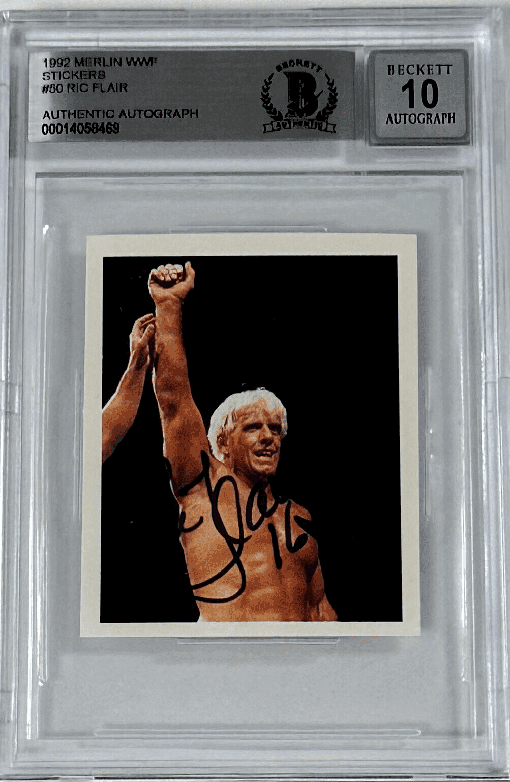 Ric Flair Signed 1992 Merlin WWF Sticker Card #50 Beckett Auto 10 14058469 Ric Flair Card 1992-merlin-wwf-sticker-50-auto, supplier stock photo