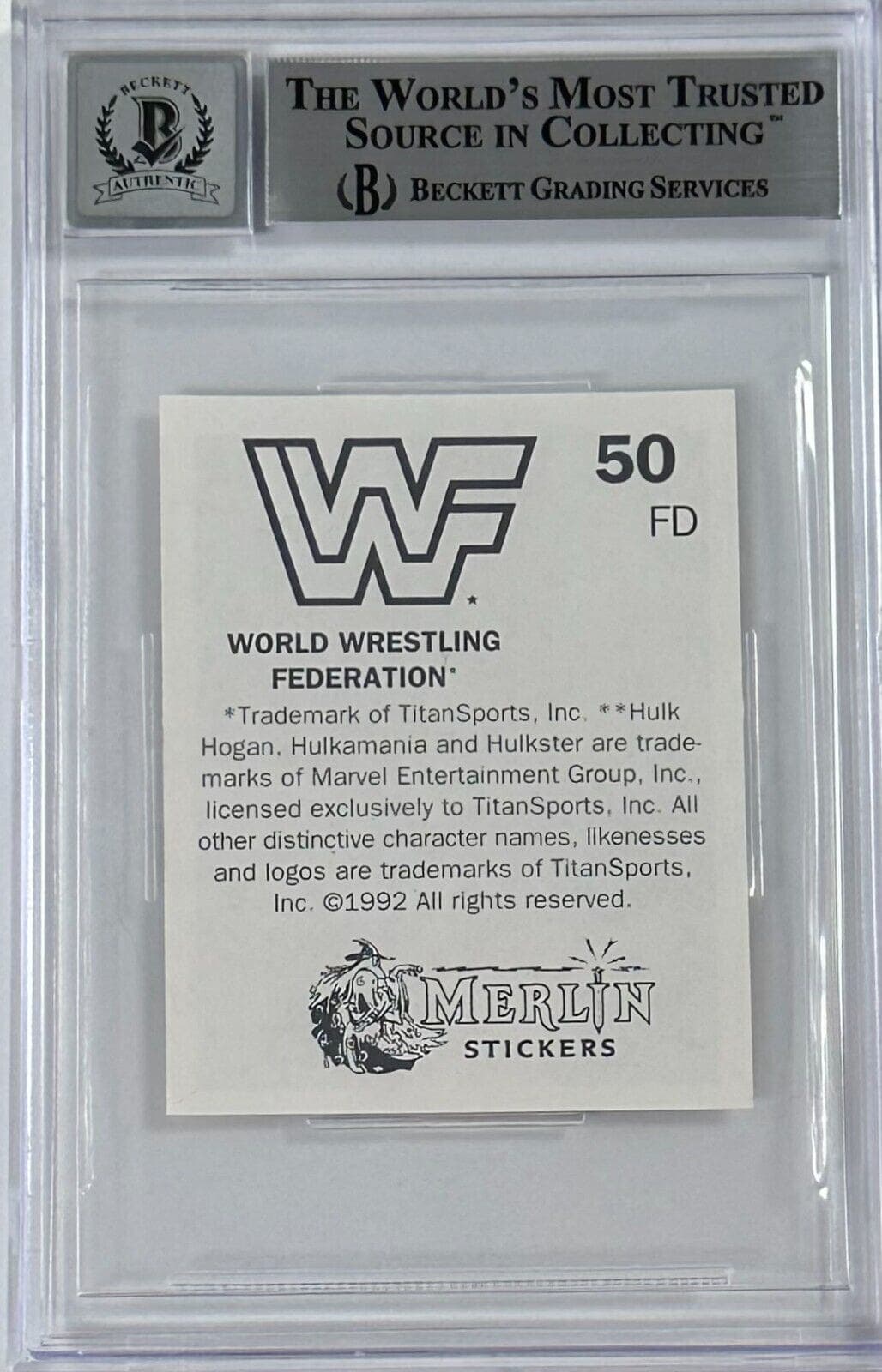 Ric Flair Signed 1992 Merlin WWF Sticker Card #50 Beckett Auto 10 14058469 Ric Flair Card 1992-merlin-wwf-sticker-50-auto, view 2, supplier stock photo