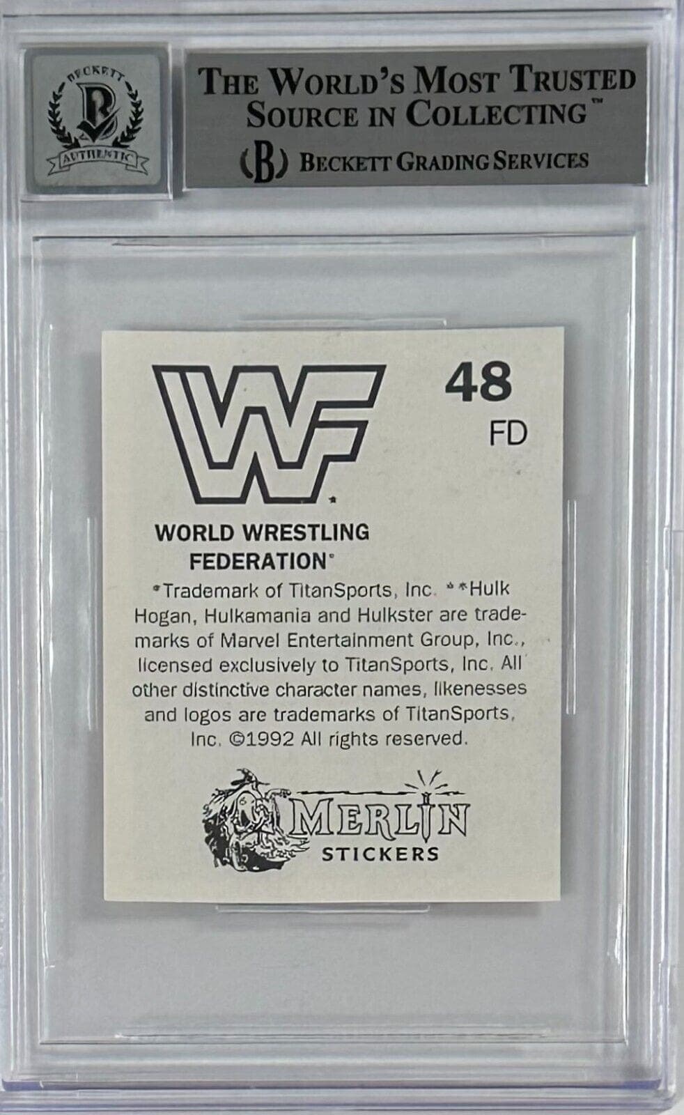 Ric Flair Signed 1992 Merlin WWF Sticker Card #48 Beckett Auto 10 14058462 Ric Flair Card 1992-merlin-wwf-sticker-48-auto, view 2, supplier stock photo
