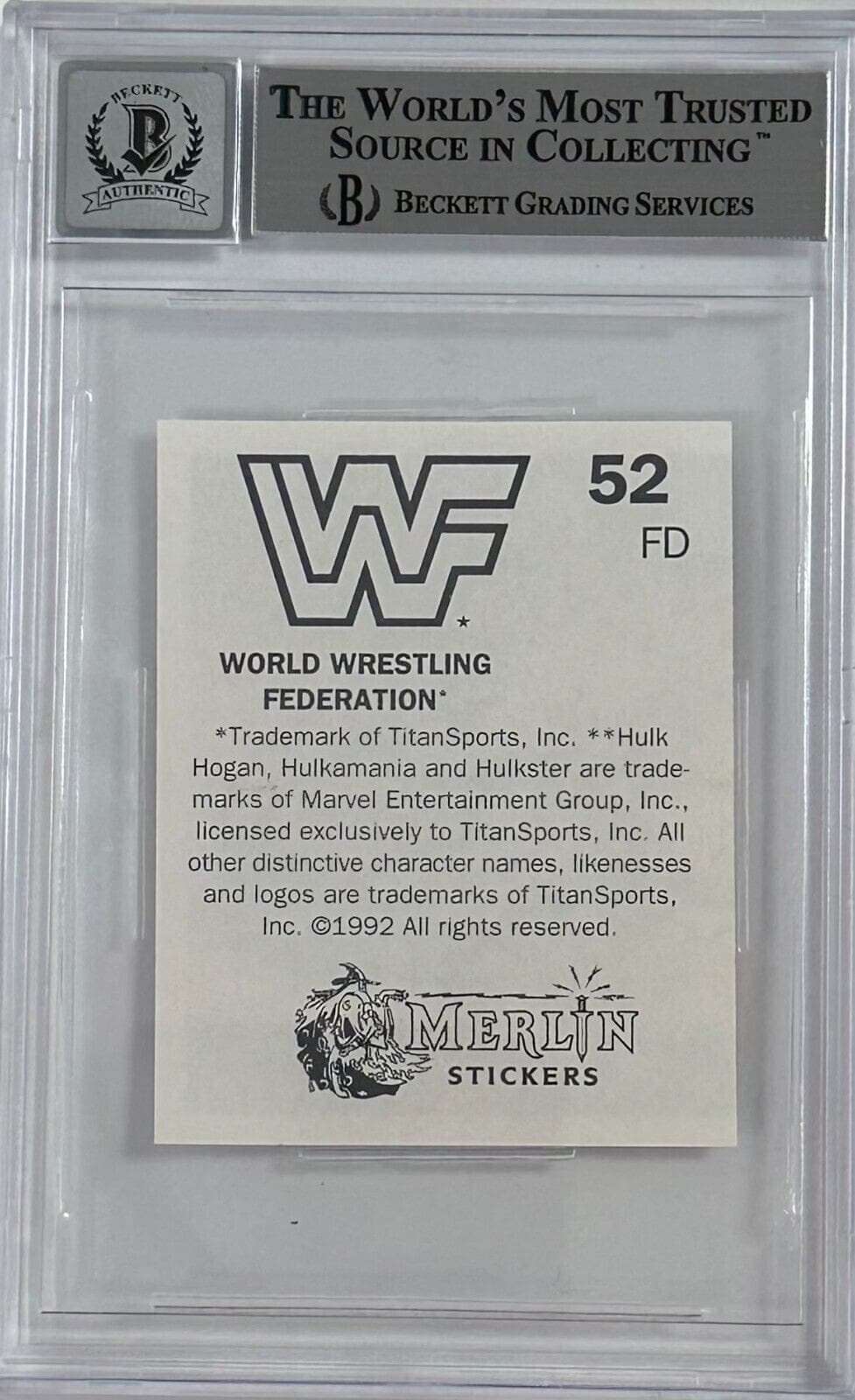 Ric Flair Signed 1992 Merlin WWF Sticker Card #52 Beckett Auto 10 Ric Flair Card 1992-merlin-wwf-sticker-52-auto, view 2, supplier stock photo