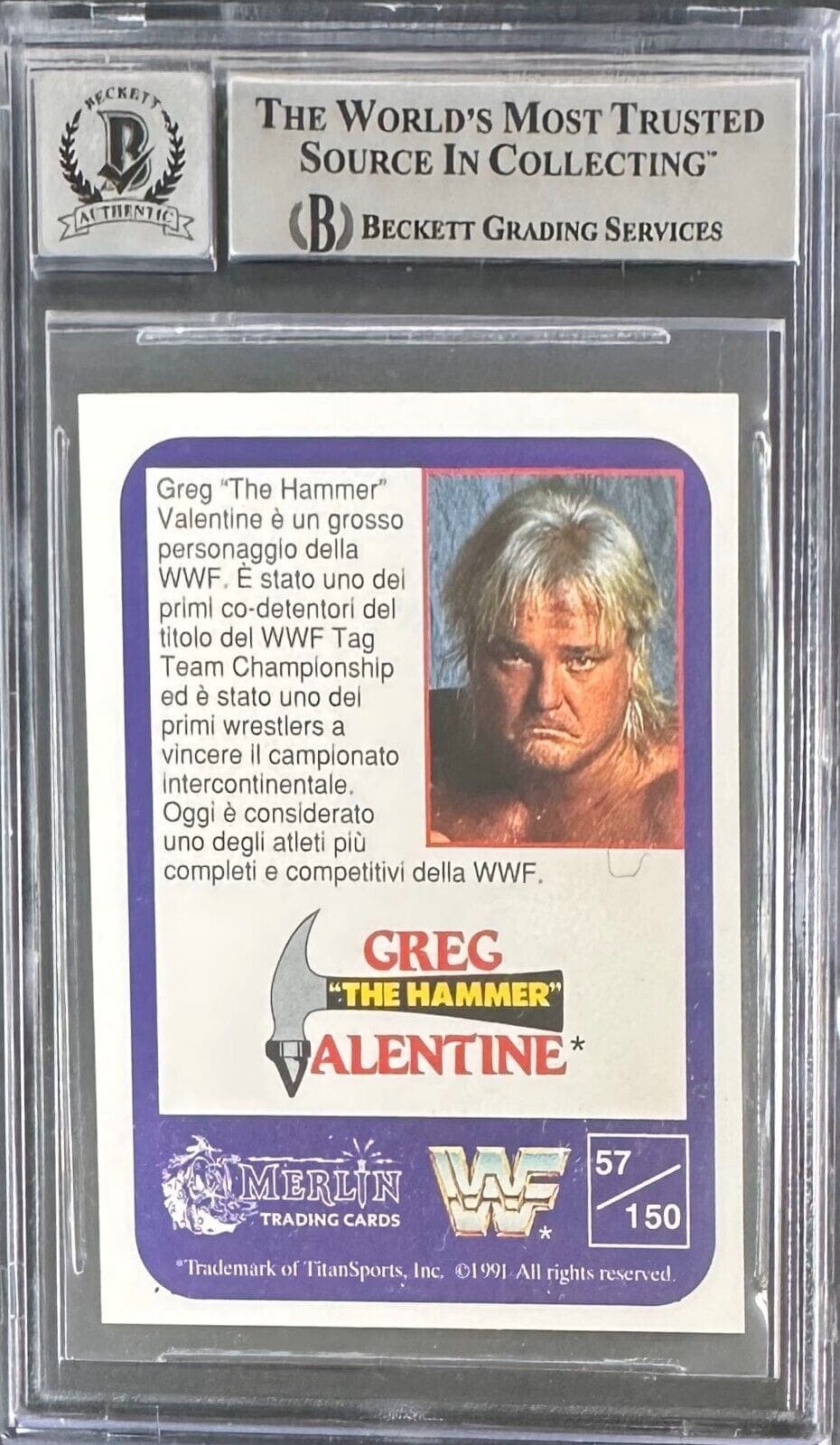 Greg “The Hammer” Valentine Signed 1991 Merlin Italian Card #57 Beckett Auto 10 Greg Valentine Card 15333155, view 2, supplier stock photo