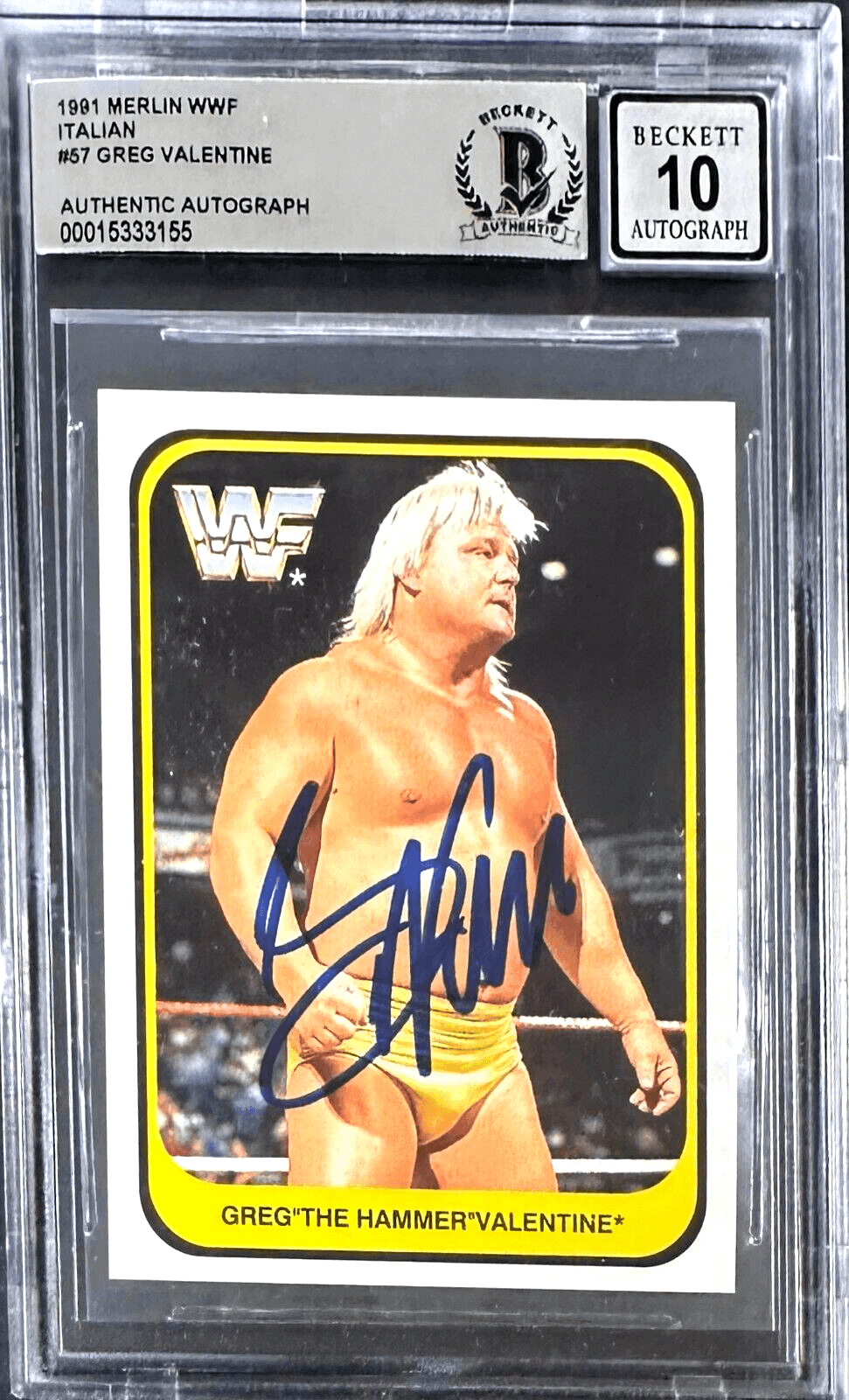 Greg “The Hammer” Valentine Signed 1991 Merlin Italian Card #57 Beckett Auto 10 Greg Valentine Card 15333155, supplier stock photo