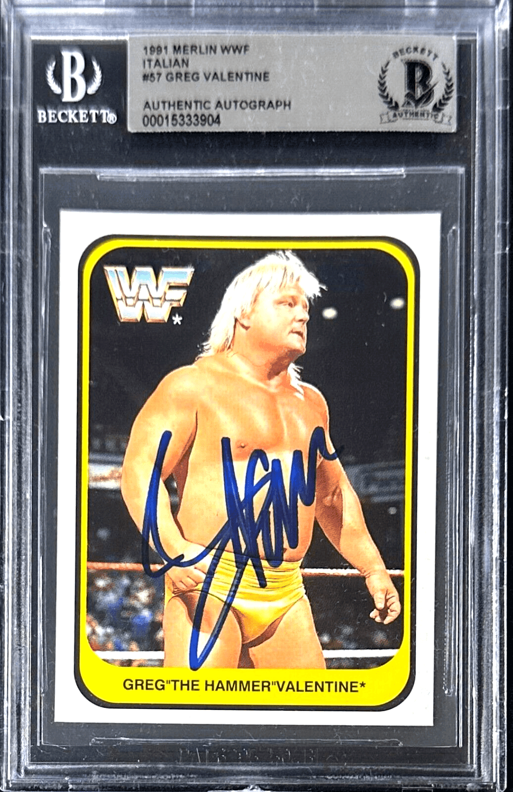 Greg “The Hammer” Valentine Signed 1991 Merlin Italian Card #57 Beckett 15333904 Card greg-hammer-valentine-1991-merlin-italian, supplier stock photo