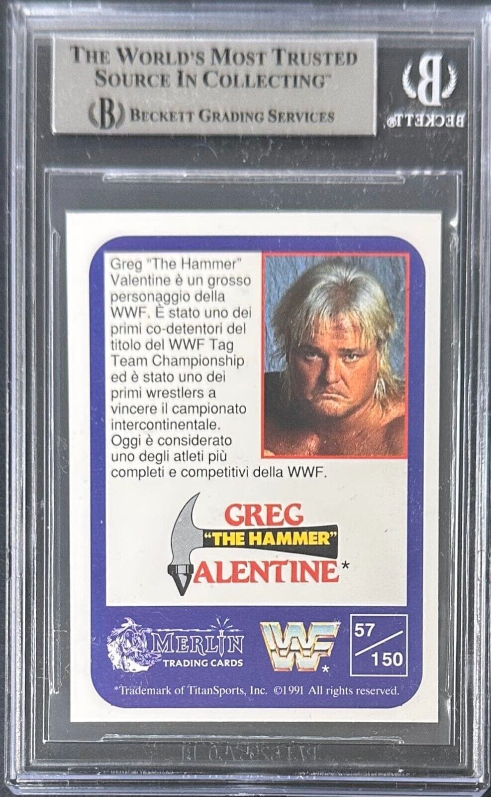 Greg “The Hammer” Valentine Signed 1991 Merlin Italian Card #57 Beckett 15333904 Card greg-hammer-valentine-1991-merlin-italian, view 2, supplier stock photo