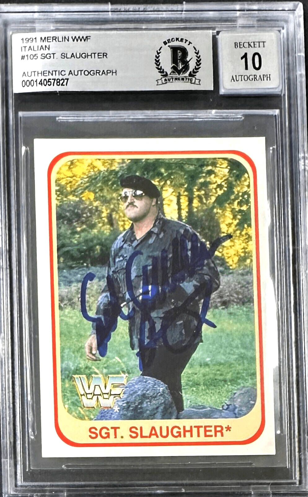 SGT. Slaughter Signed 1991 Merlin Italian Card #105 Beckett 14057827 Card sgt-slaughter-1991-merlin-italian-105, supplier stock photo