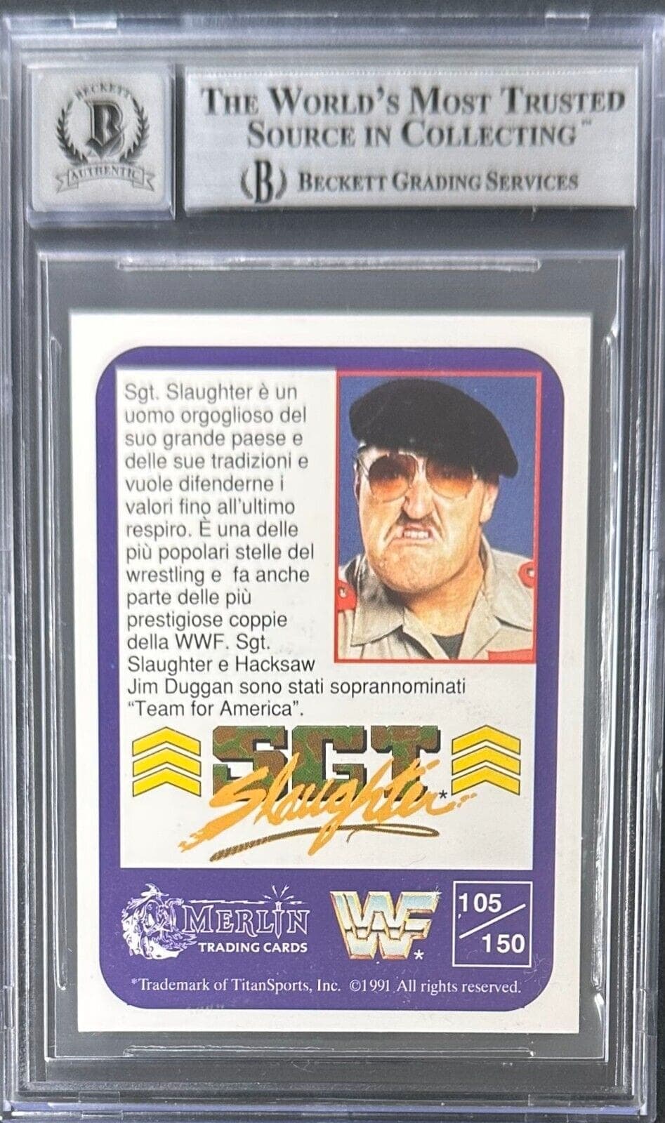 SGT. Slaughter Signed 1991 Merlin Italian Card #105 Beckett 14057827 Card sgt-slaughter-1991-merlin-italian-105, view 2, supplier stock photo
