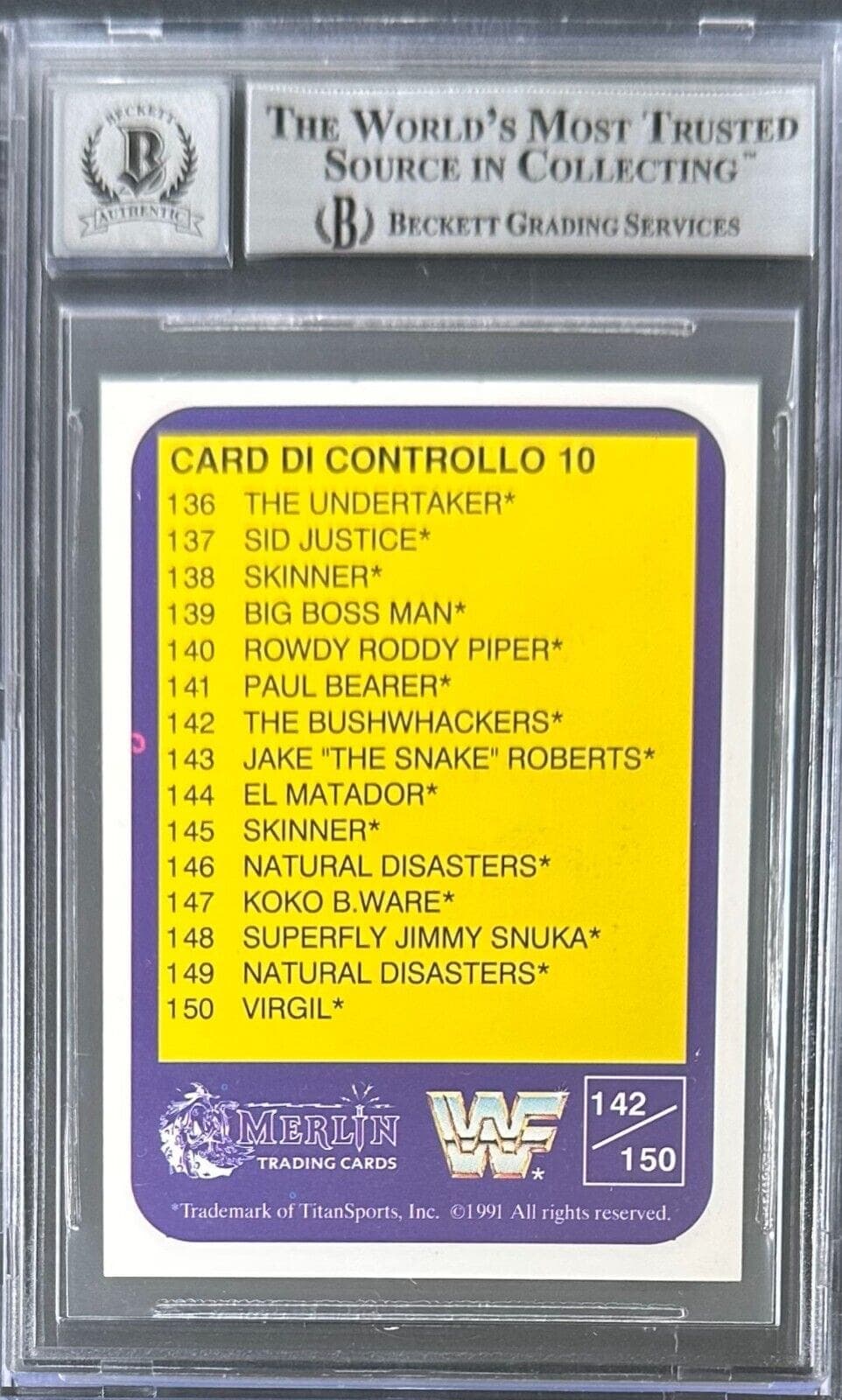 Bushwhacker Luke Signed 1991 Merlin Italian Card #142 Beckett Auto 10 Card bushwhacker-luke-1991-merlin-italian-142, view 2, supplier stock photo