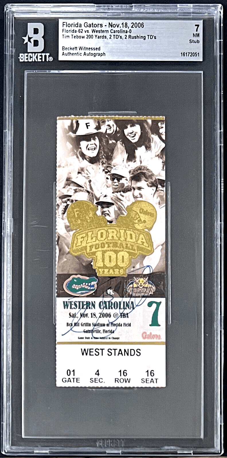 Tim Tebow Signed Florida Gators Nov. 18, 2006 Ticket Stub Beckett NM7 16172051 Ticket Stub tim-tebow-florida-gators-nov-18, supplier stock photo