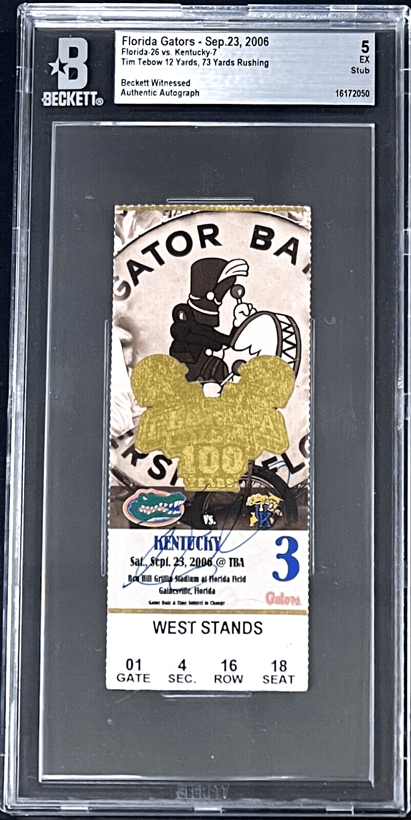 Tim Tebow Signed Florida Gators Sep. 23, 2006 Ticket Stub Beckett EX5 16172050 Ticket Stub tim-tebow-florida-gators-sep-23, supplier stock photo