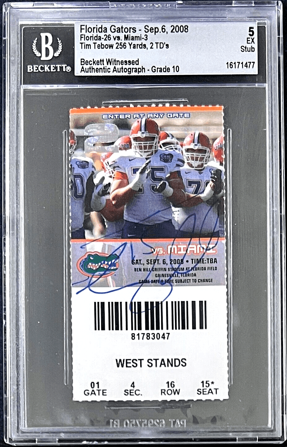 Tim Tebow Signed Florida Gators Sep. 6, 2008 Ticket Stub Beckett EX5 16171477 Ticket Stub tim-tebow-florida-gators-sep-6, supplier stock photo