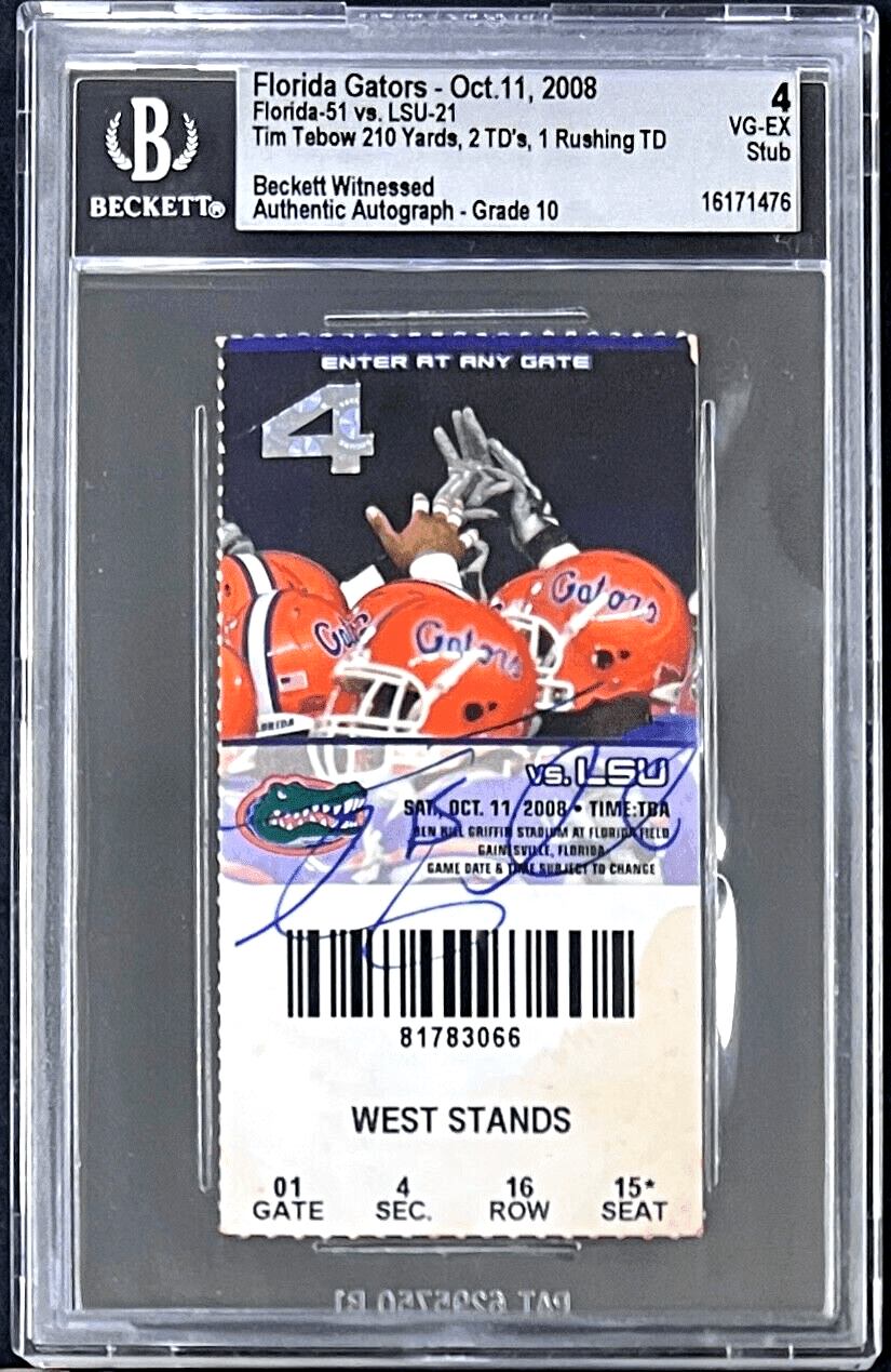 Tim Tebow Signed Florida Gators Oct. 11, 2008 Ticket Stub Beckett EX5 16171476 Ticket Stub tim-tebow-florida-gators-oct-11, supplier stock photo